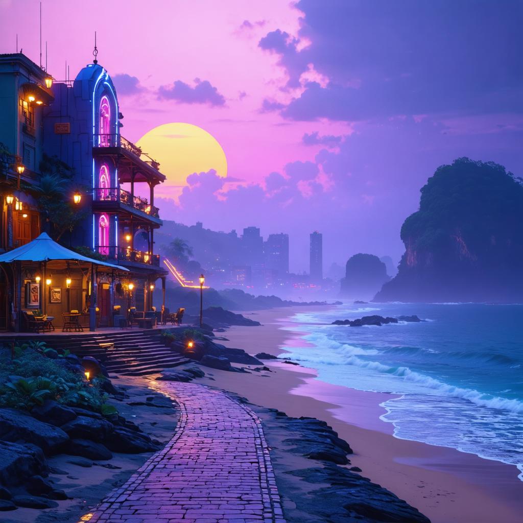 Discover the enchanting allure of a coastal sunset captured by Stable Diffusion Ultra image generator, where vibrant hues of purple and pink blend seamlessly with the golden orb of the setting sun. This AI tool masterfully renders stunning details, from the luminous neon lights of a beachside café to the serene waves gently caressing the shore, showcasing its unparalleled ability to create breathtakingly realistic and vivid imagery.