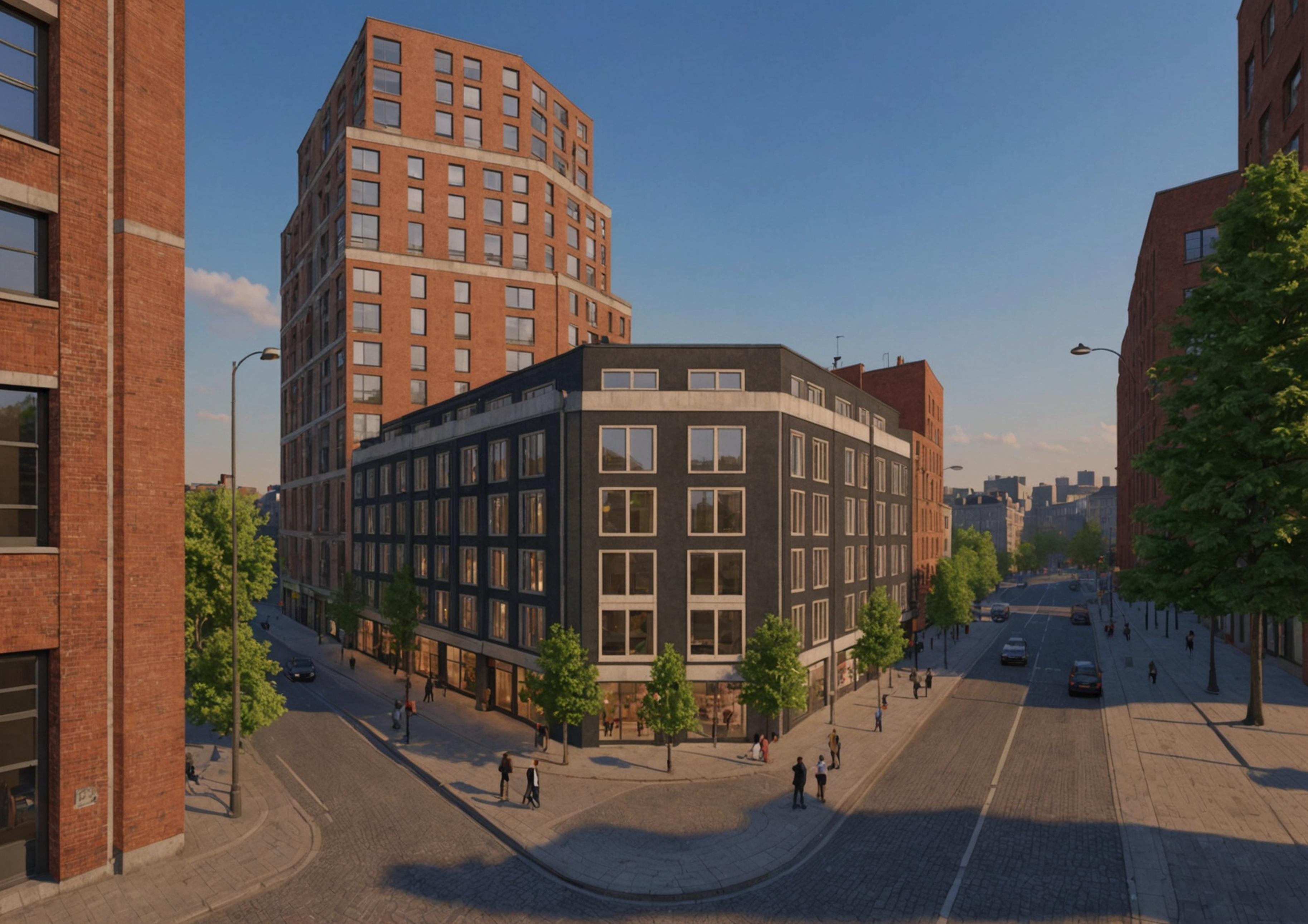 This image showcases a modern urban scene with a unique tool called 'New Image with Same Structure' applied, which allows for the creation of new images while maintaining the original's structure. The image features a mix of contemporary and classic architecture, a tree-lined street, and pedestrians going about their day, all under a clear blue sky. The tool's capabilities are highlighted by the seamless integration of the new image with the original's structure, offering a fresh perspective on urban landscapes.