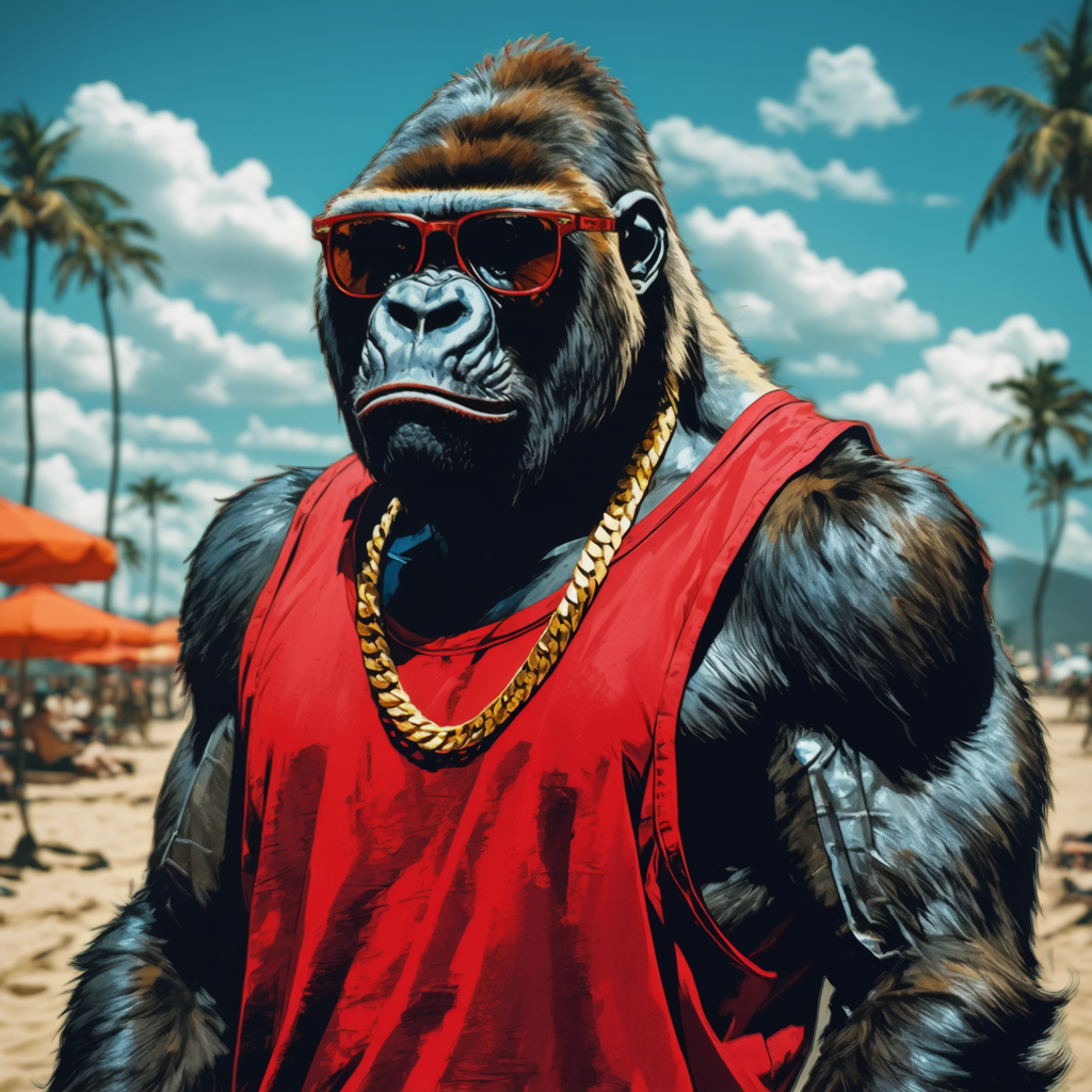 Transform your images with Stable Assistant's 'Replace Background' tool! This powerful feature allows you to seamlessly change the backdrop of your photos, as seen in this striking image of a gorilla in a vibrant red tank top and sunglasses, set against a stunning beach scene. Perfect for enhancing your creative projects with ease.