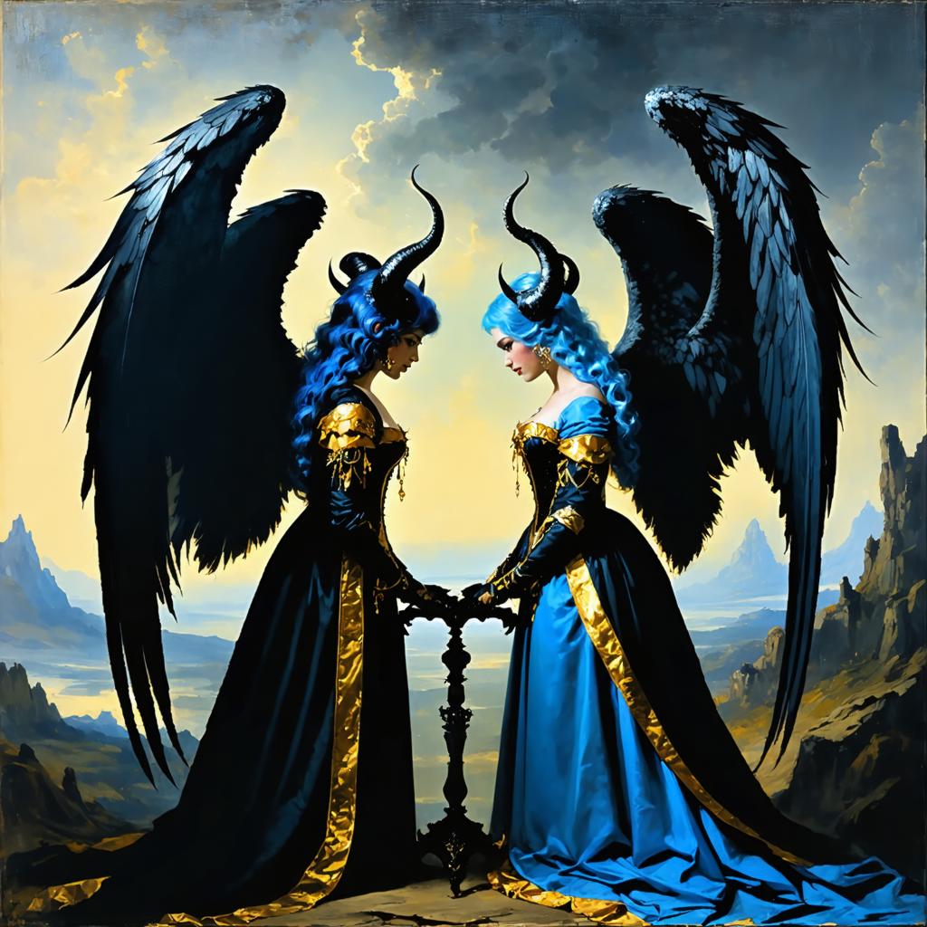 Scopri il mondo incantevole dell'arte fantasy con il generatore di immagini Stable Diffusion Ultra, dove creature mitiche e figure regali prendono vita. Questa immagine affascinante presenta due donne eteree con ali e abiti elaborati, poste contro un suggestivo sfondo montuoso, dimostrando la capacità dello strumento di creare visivi sorprendenti e di alta qualità. Sperimenta la magia dell'arte generata da AI con Stable Diffusion Ultra.