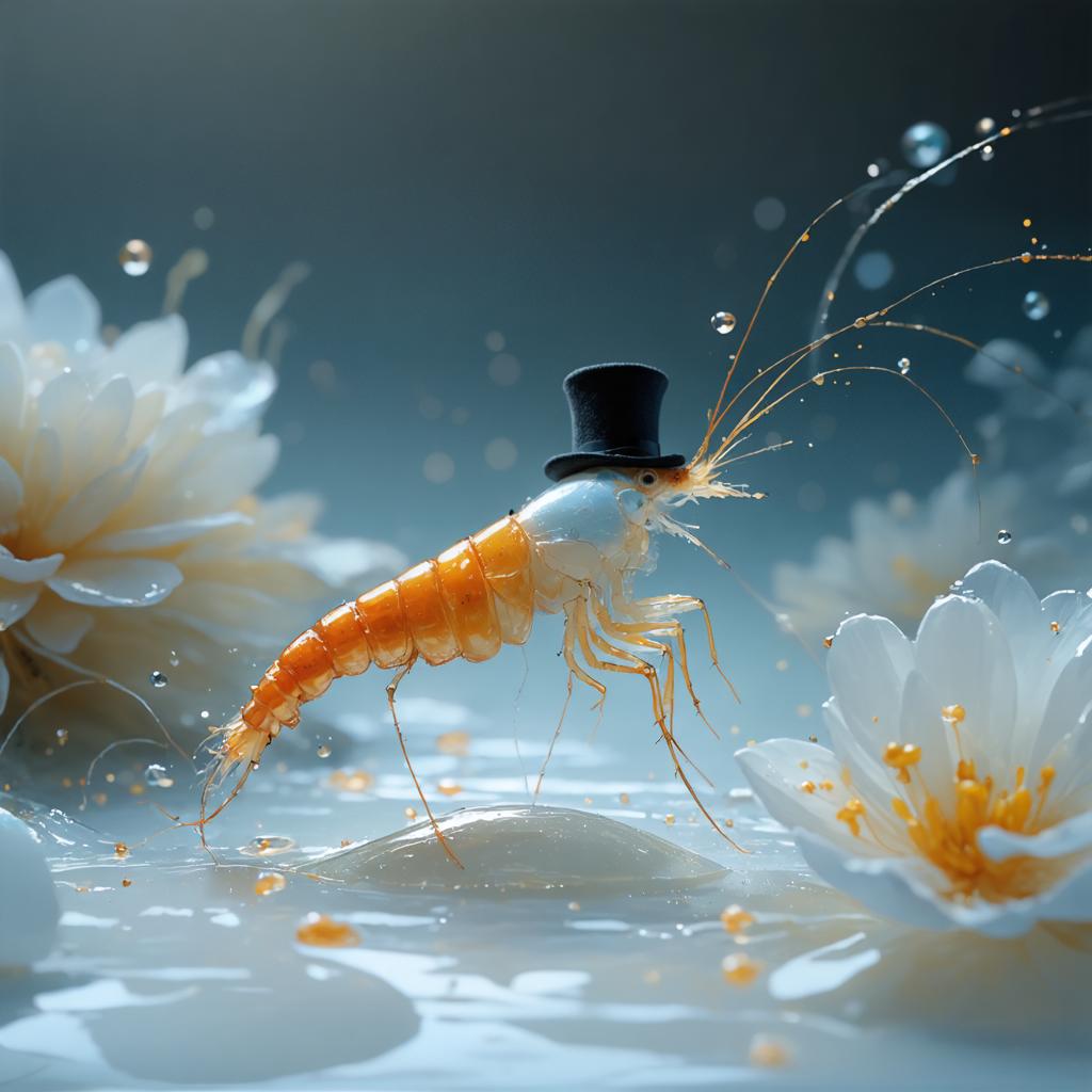 This whimsical image showcases the creative possibilities of 'Inpaint,' an AI media generation and editing tool. The tool allows users to replace selected elements in an image with new ones, as seen here with a shrimp donning a top hat amidst a surreal seascape with blooming flowers and scattered bubbles, demonstrating the software's ability to create imaginative and visually captivating scenes.
