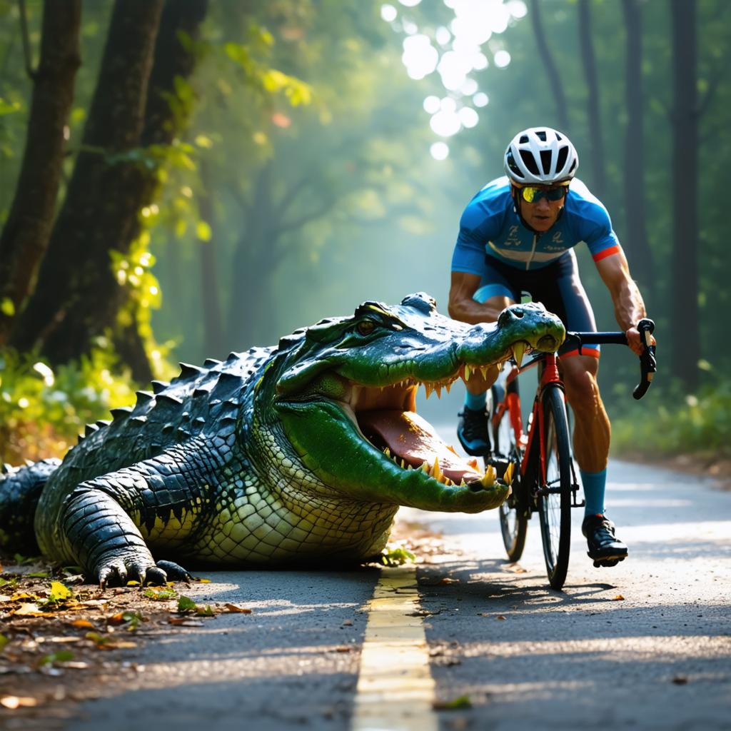 Experience the thrilling power of Stable Diffusion Ultra image generator with this captivating scene: a cyclist narrowly avoids a fierce alligator on a forest road, showcasing the tool's ability to create dynamic and realistic images. Perfect for highlighting the advanced capabilities of AI-driven image creation, this image demonstrates the tool's precision and creativity in generating stunning visuals.