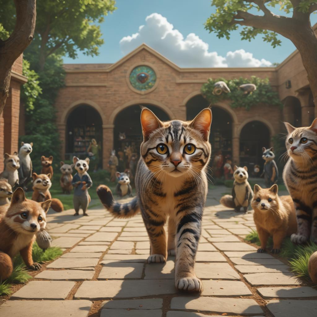 This image features an engaging scene where a cat is the focal point, walking down a cobblestone path amidst a group of anthropomorphic animals. The backdrop is a picturesque brick building with a large circular window, set in a serene courtyard with lush greenery. The 'Replace Background' tool is highlighted here, showcasing its ability to seamlessly integrate the cat and animals into a new, coherent setting that maintains the realism of the subjects while altering the environment to suit the user's creative vision.