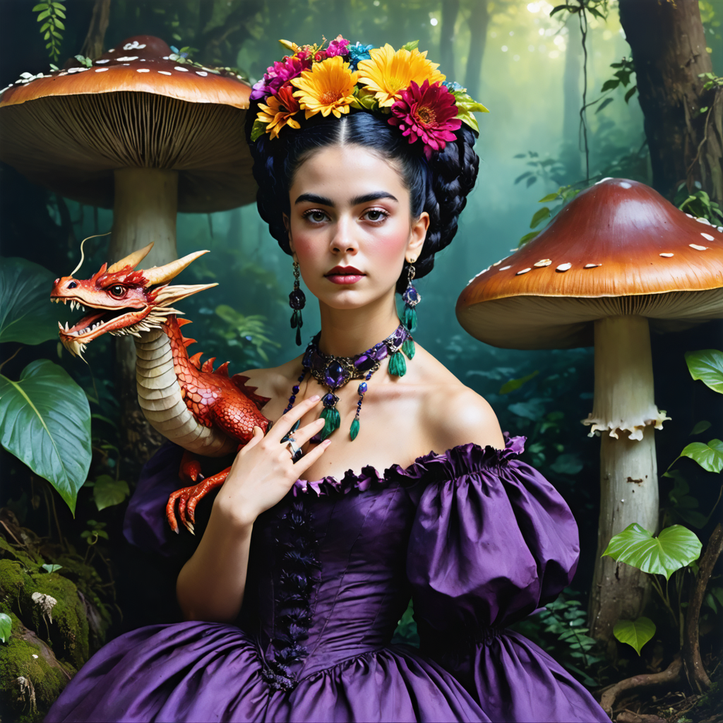 Discover the enchanting world of fantasy with this mesmerizing image crafted by Stable Diffusion Ultra image generator. The image showcases a regal figure adorned in a vibrant purple gown, surrounded by mystical mushrooms and a dragon, all rendered with stunning detail and vivid colors. Experience the power of Stable Diffusion Ultra's advanced AI capabilities to create captivating, high-quality visuals that transport you to a realm of imagination.