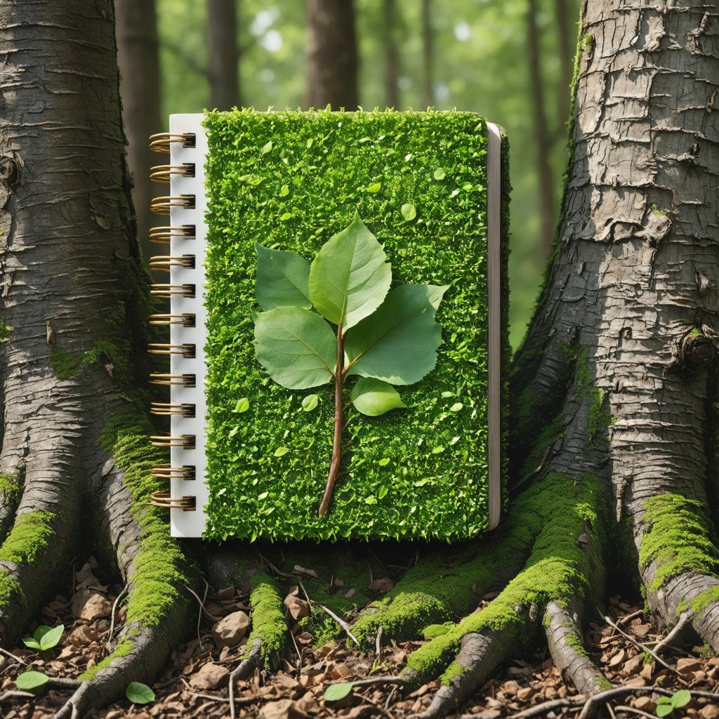 This image showcases a notebook with a unique green cover, mimicking the appearance of moss, set against the backdrop of a forest scene. The notebook is placed on a bed of moss-covered tree roots, creating a harmonious blend of nature and stationery. The notebook's cover is adorned with a single green leaf, further enhancing its natural theme. This captivating image was generated using the 'Stable Diffusion Ultra image generator,' which offers a creative and sophisticated way to produce images that seamlessly integrate elements of nature with everyday objects.
