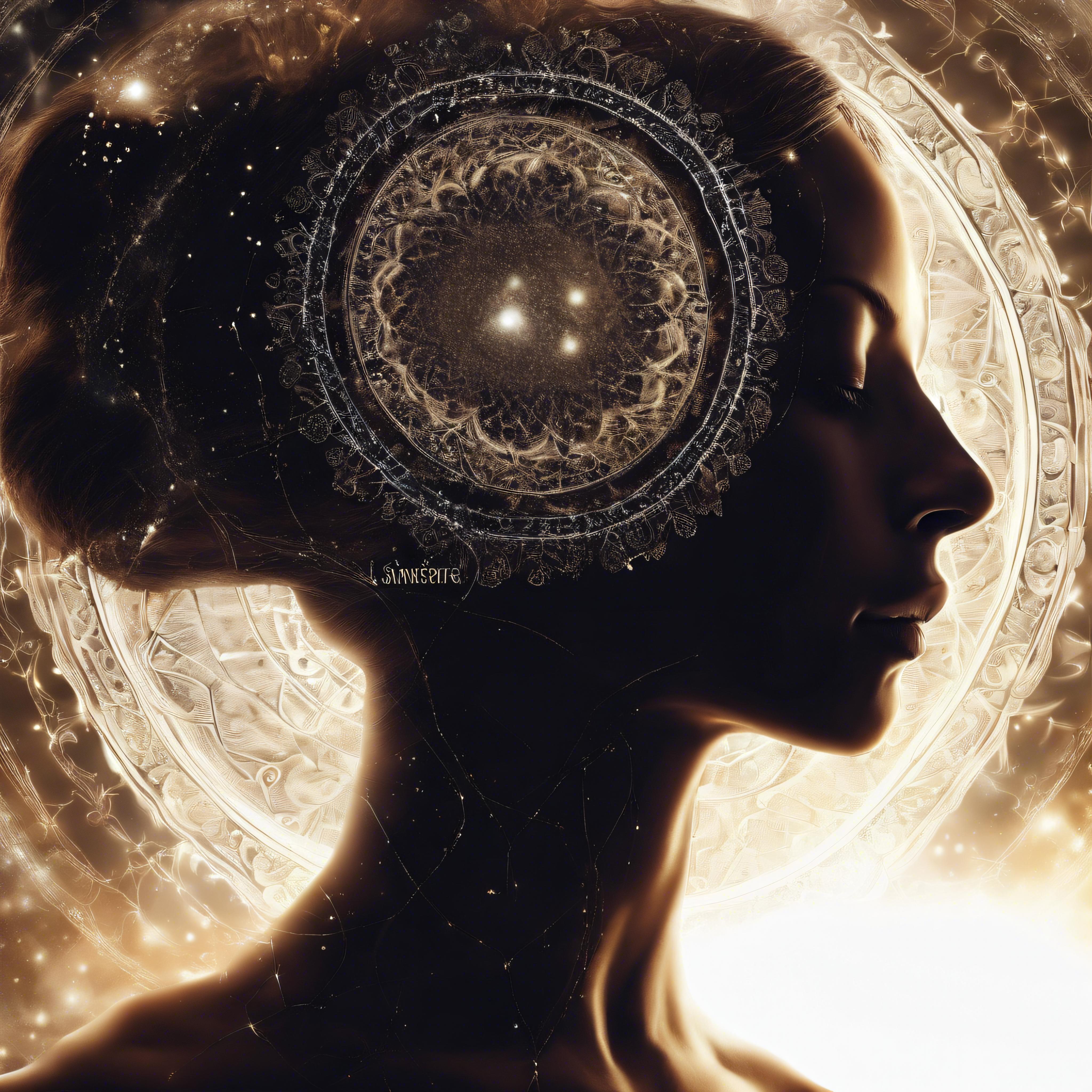 This image showcases a digital artwork of a woman's profile, illuminated by a circular, intricate pattern that resembles a mandala, emanating a warm, golden glow. The 'Upscale' tool has enhanced the image's resolution, maintaining its original essence, as evident by the smooth gradient of light and the detailed texture of the woman's hair and features.