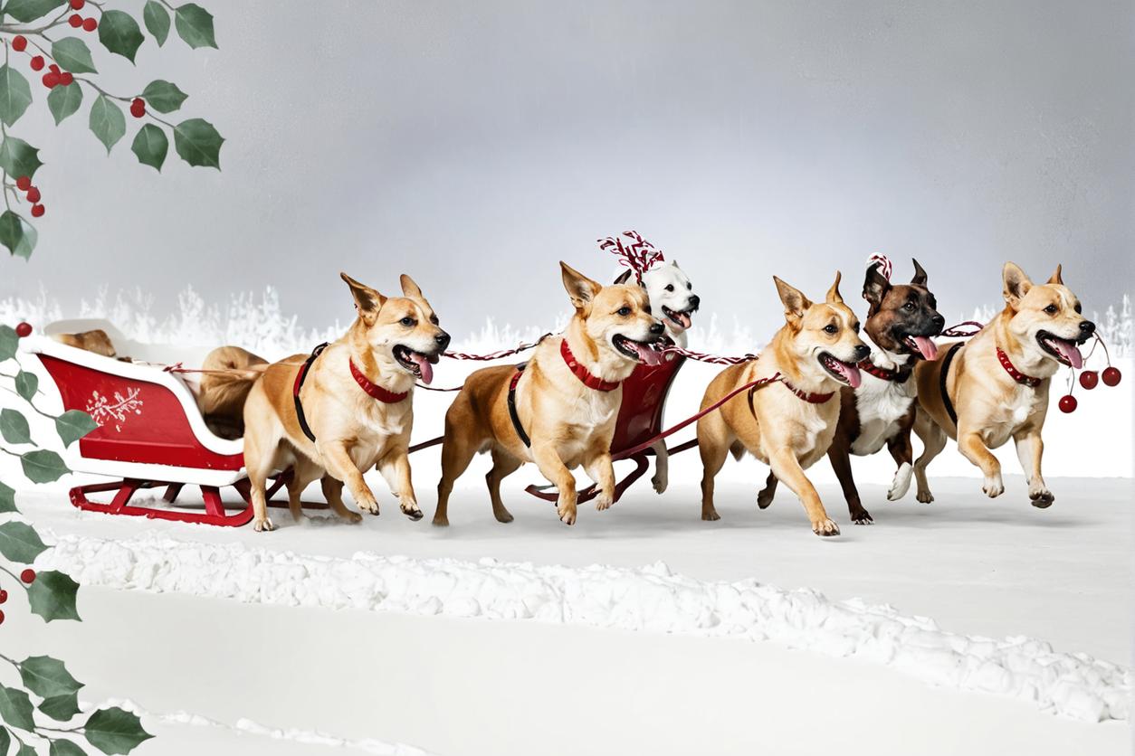 Scopri la magia della modifica fotografica guidata dall'IA con lo strumento 'Elimina' di Stable Assistant! Questa immagine presenta una scena festiva in cui un team di cani tira allegramente un slitta, dimostrando perfettamente la capacità dello strumento di rimuovere oggetti indesiderati e migliorare le tue foto con facilità. Ideale per contenuti a tema natalizio, questa funzione garantisce che le tue immagini siano raffinate e professionali.