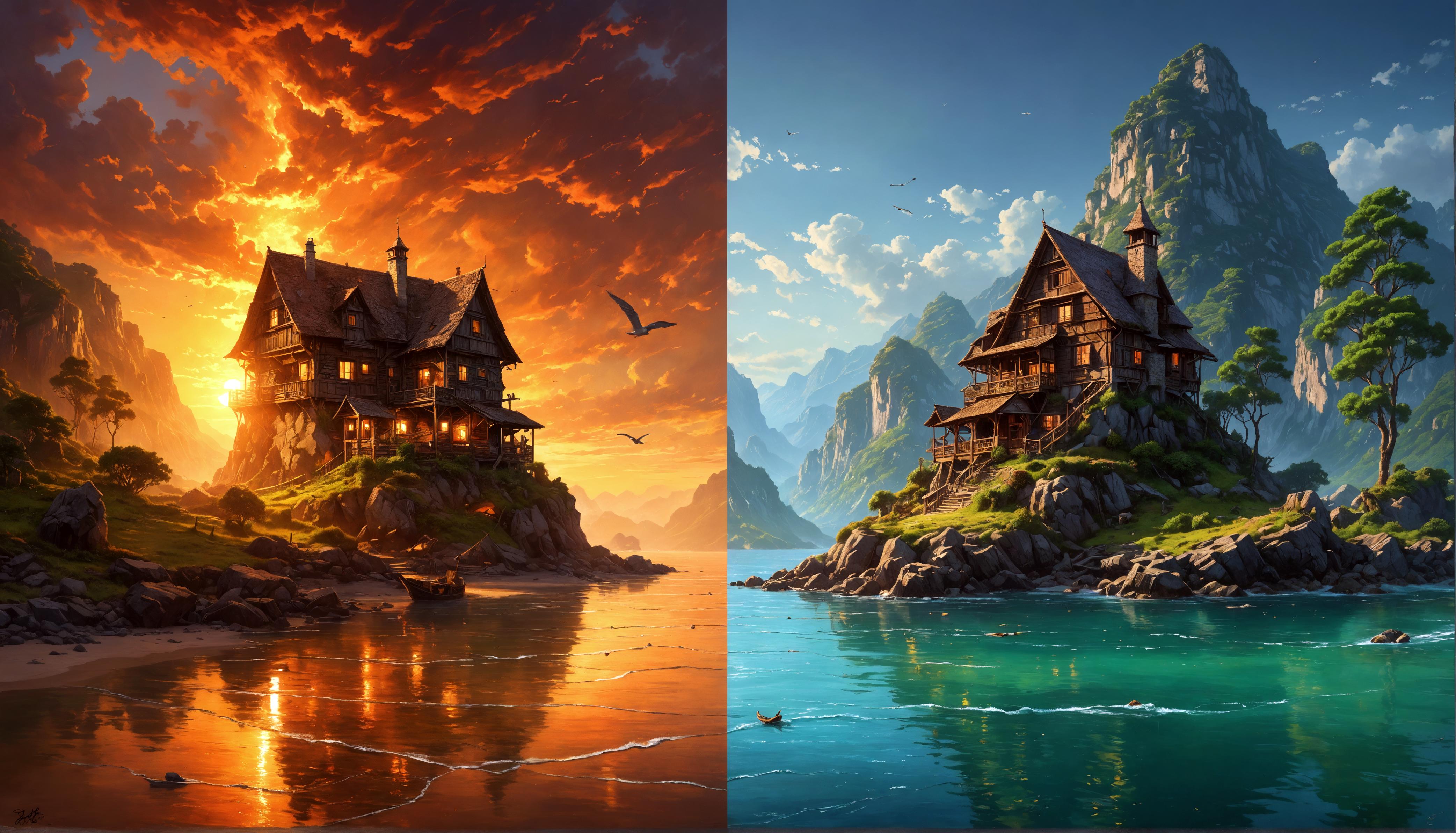 "Experience the power of 'Enhance' with this stunning, digitally rendered landscape. Witness the transformation of a serene lakeside scene into a captivating tableau of vibrant colors and dynamic lighting, showcasing the tool's ability to upscale and add a creative twist to your digital media."