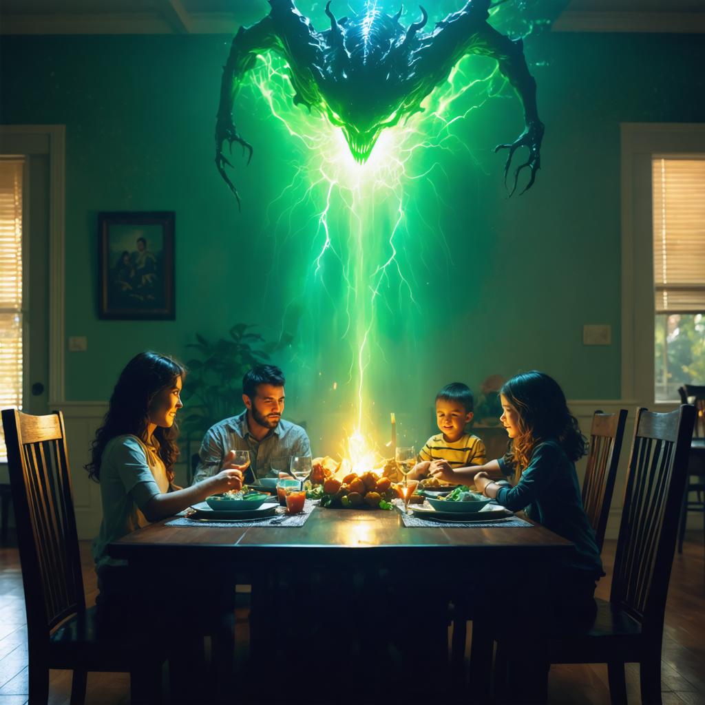 Experience the surreal and imaginative possibilities of Stable Diffusion Ultra image generator with this captivating scene: a family dining in a cozy room, illuminated by an otherworldly green lightning bolt and a menacing, glowing creature above. This AI tool masterfully blends reality with fantasy, showcasing its ability to create vivid, dreamlike visuals that can transport viewers to new dimensions. Perfect for artists, designers, and anyone seeking to push creative boundaries, Stable Diffusion Ultra offers unparalleled control and stunning results.