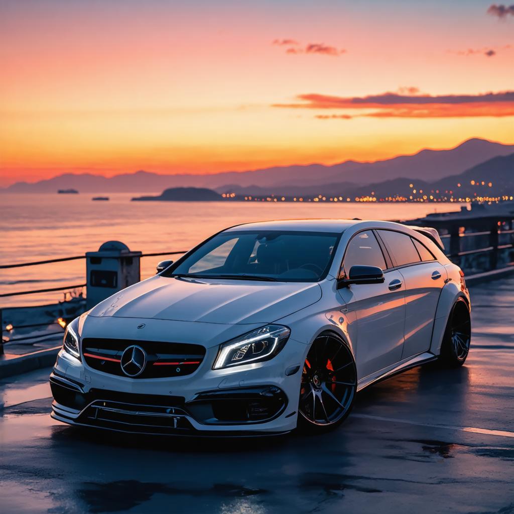 Una Mercedes-Benz AMG CLA-45 elegante e bianca è parcheggiata su un asfalto bagnato, con un tramonto spettacolare che proietta una luce calda sulla scena. Lo stile aggressivo del veicolo e i vivaci colori del tramonto creano un contrasto impressionante, evidenziando le capacità del 'generatore di immagini Stable Diffusion Ultra' di produrre immagini di alta qualità, realiste, con colori vivaci e dettagli accurati.