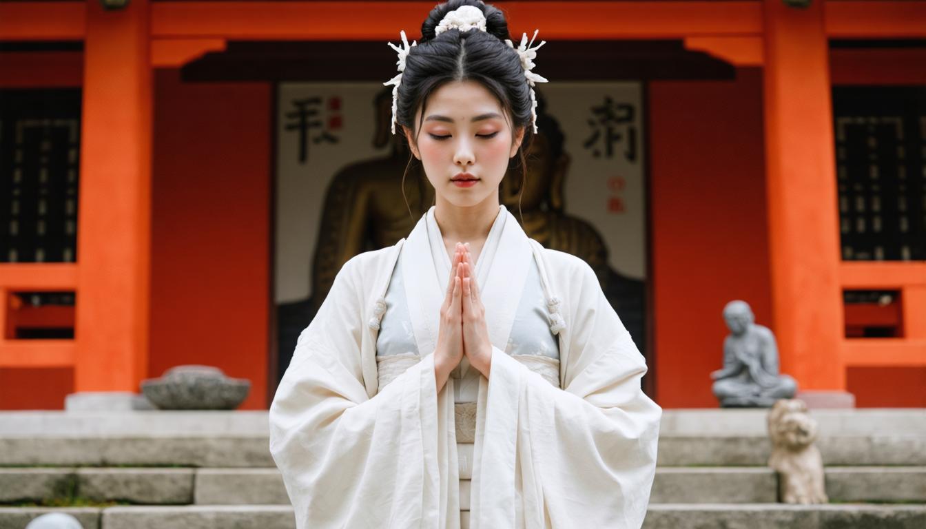 This image showcases a serene scene featuring a woman dressed in traditional Japanese attire, standing in prayerful pose in front of a vibrant red shrine. The Stable Diffusion Ultra image generator has been used to create a harmonious blend of cultural elements, highlighting the depth and sophistication of this AI media tool's capabilities to generate realistic and evocative imagery.