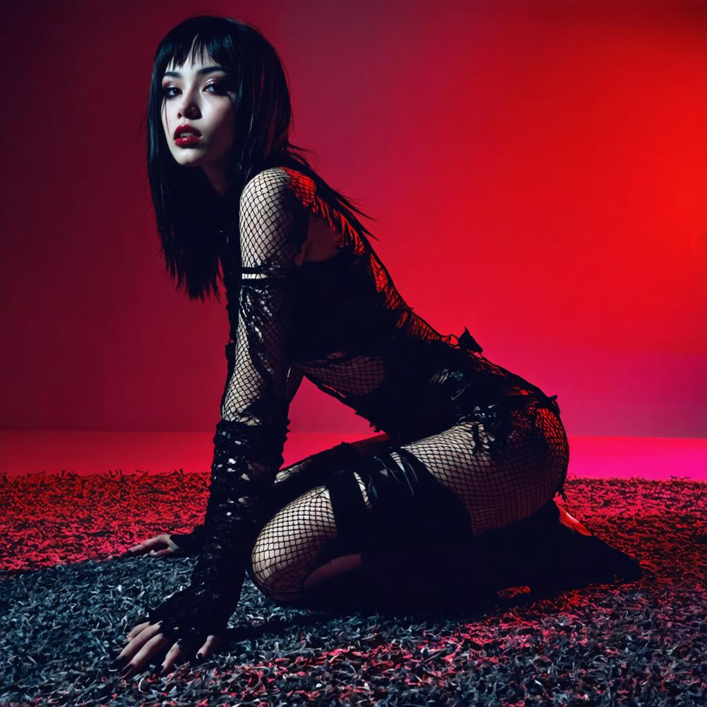 Discover the captivating allure of AI-generated art with Stable Diffusion Ultra image generator. This stunning image showcases a striking figure in a gothic-inspired outfit, complete with fishnet gloves and a dramatic red backdrop, demonstrating the tool's ability to create vivid, high-quality visuals. Perfect for artists and enthusiasts, Stable Diffusion Ultra brings your creative visions to life with unparalleled precision and detail.