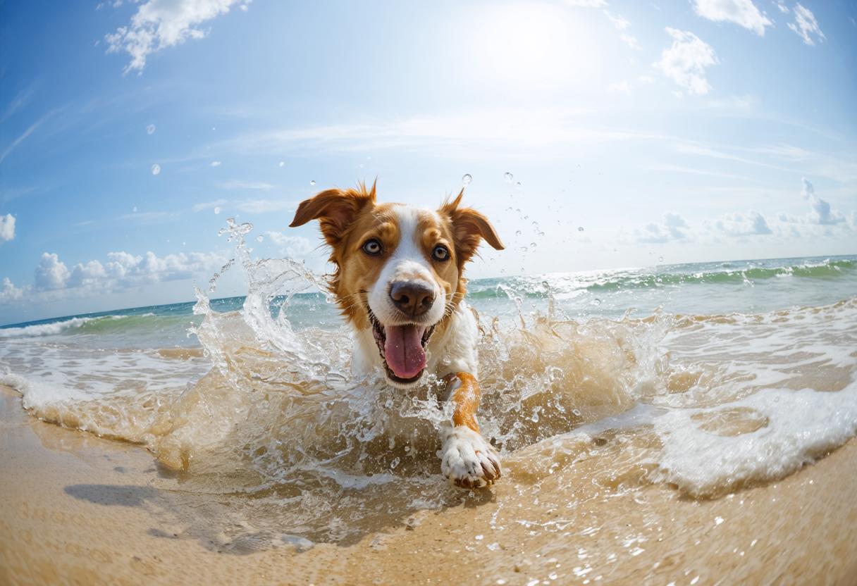 Catturata dal rivoluzionario generatore di immagini 'Stable Diffusion Ultra', questa immagine vivace ritrae un cane gioioso con un mantello lucido, che salta attraverso le onde spumose di una spiaggia soleggiata, con la lingua fuori e gli occhi che brillano di gioia. La capacità dello strumento di creare immagini reali con colori vividi e movimento dinamico è evidente in questa scena deliziosa, perfetta per chi desidera arricchire il proprio contenuto visivo.