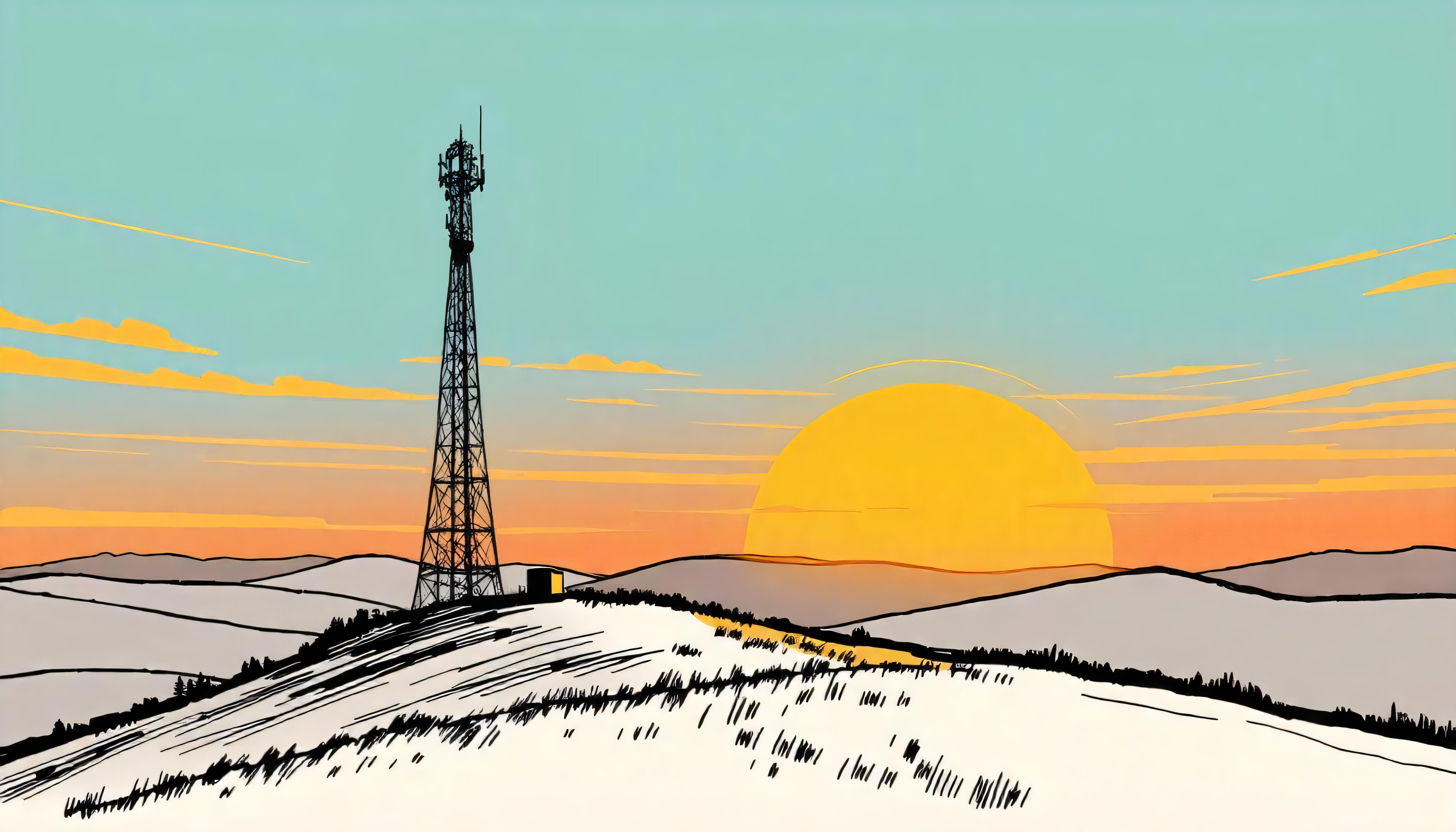 Cette image met en scène un coucher de soleil spectaculaire, avec une tour de télécommunications imposante se découpant sur un ciel vibrant passant du orange au bleu, en arrière-plan de collines ondulantes et d'un premier plan enneigé. L'image a été améliorée avec 'Upscale', un outil qui affine et sublime la qualité de la photo d'origine, préservant son authenticité et ses détails, en faisant un exemple parfait de la façon dont 'Upscale' peut transformer et sublimer les visuels pour une expérience de visionnage plus captivante.