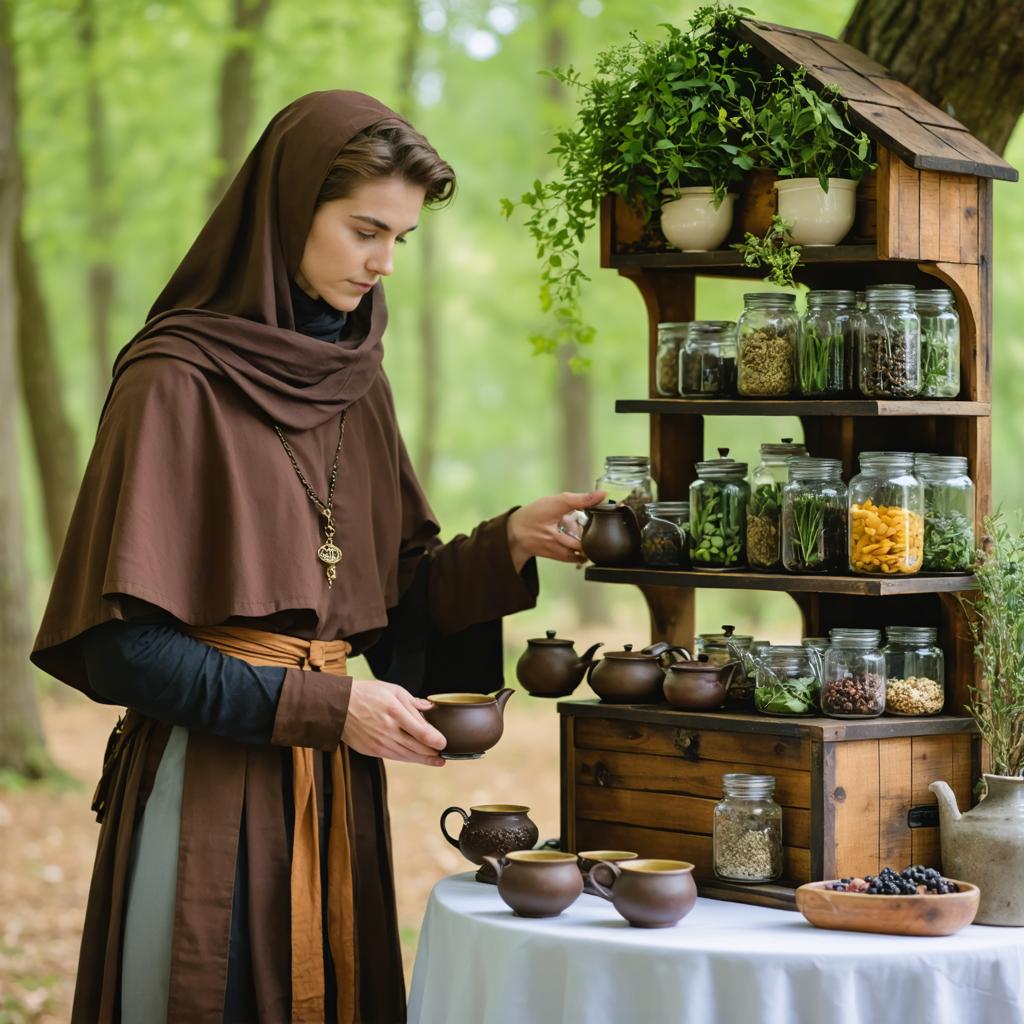 Dans un cadre forestier paisible, une jeune femme vêtue d'une robe brune et d'une capuche style médiéval verse soigneusement du thé d'une poterie dans une tasse assortie, mettant en évidence la capacité du générateur d'images Stable Diffusion Ultra à créer des scènes détaillées et réalistes à thème historique ou fantastique. L'étagère environnante est garnie d'une variété d'herbes et d'épices dans des bocaux en verre, soulignant la capacité de l'outil à générer des textures et des objets divers, ajoutant profondeur et contexte à la scène.