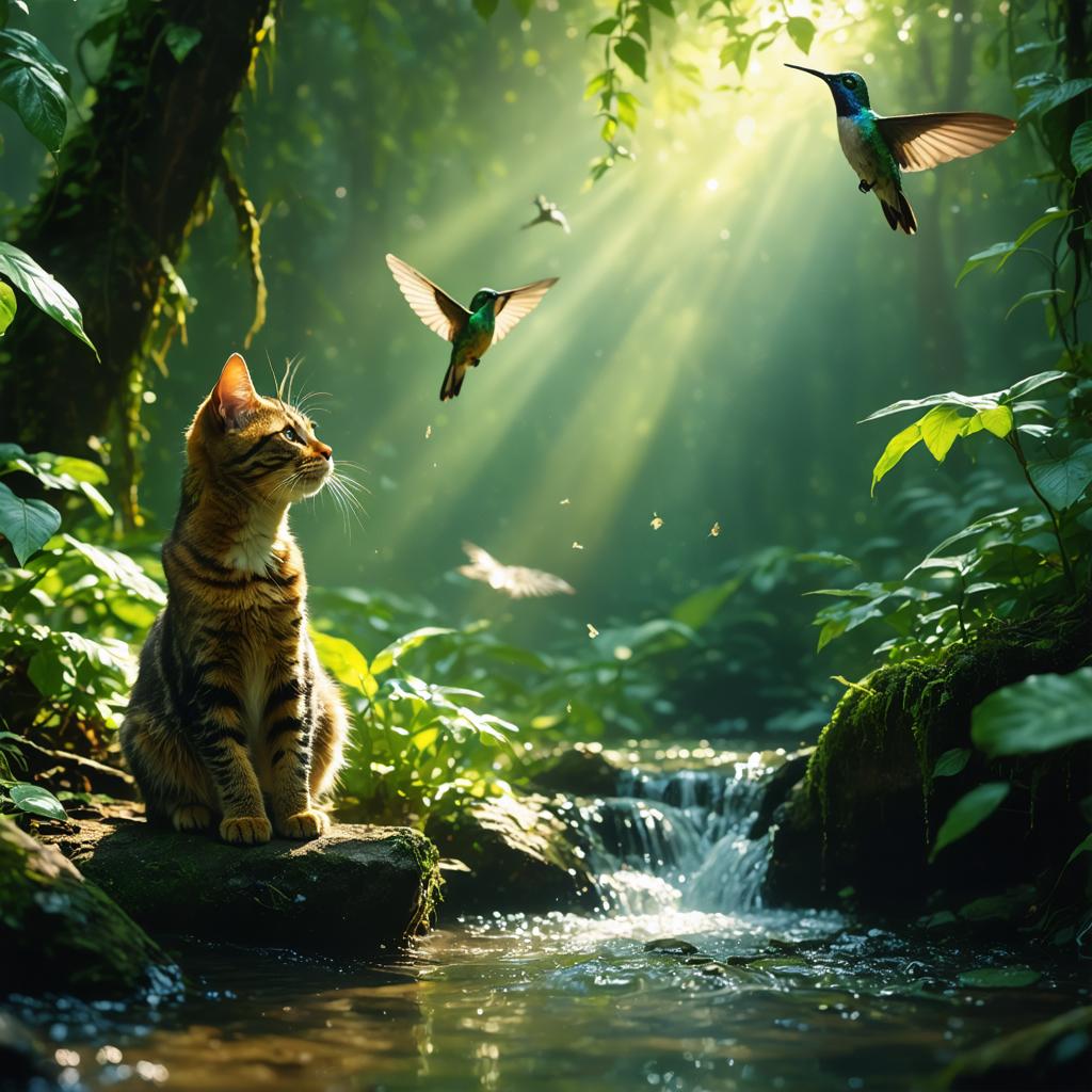 Découvrez le monde enchanteur de l'art généré par IA avec le générateur d'images Stable Diffusion Ultra ! Cette image captivante présente une scène de forêt sereine, mettant en scène un chat curieux perché près d'un ruisseau babillard, entouré de verdure vibrante et de colibris en vol gracieux. Expérimentez le mélange harmonieux de la nature et de la technologie, soulignant la capacité de l'outil à créer des visuels époustouflants et photoréalistes. Parfait pour les artistes, les designers et les amateurs de nature, Stable Diffusion Ultra donne vie à votre imagination.