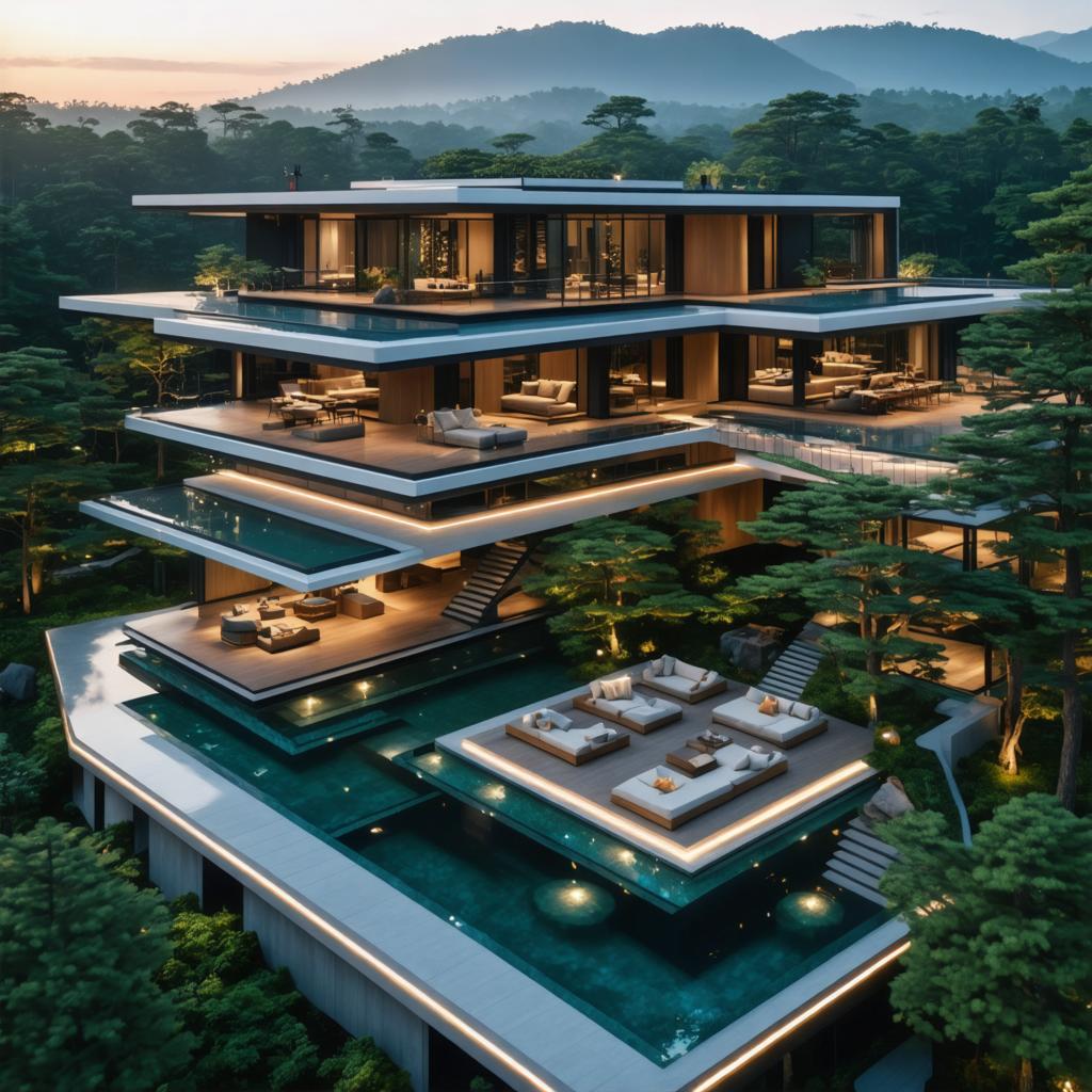 Discover the breathtaking capabilities of Stable Diffusion Ultra image generator with this stunning architectural marvel. This AI-generated image showcases a sleek, multi-level modern home seamlessly integrated into a lush, forested landscape, highlighting the tool's ability to create photorealistic and highly detailed scenes. Perfect for showcasing architectural designs, this image demonstrates the power of Stable Diffusion Ultra in generating immersive and visually captivating content.
