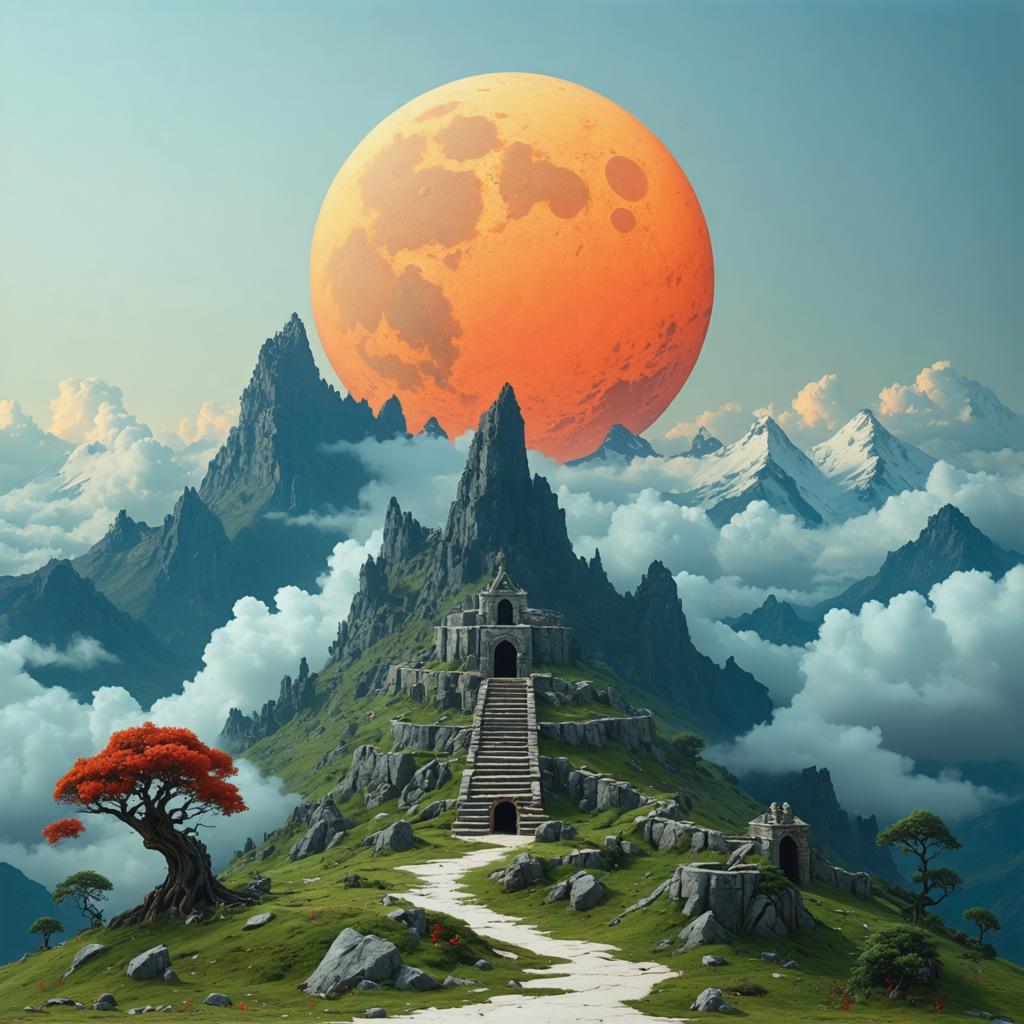 This fantastical image, created using the 'Stable Diffusion Ultra image generator', features a majestic, ancient castle perched atop a rugged mountain, with a large, vivid orange moon casting an otherworldly glow in the sky. The scene is framed by misty clouds and lush greenery, leading to the castle's stone steps, which invite exploration. The image showcases the generator's ability to create intricate, detailed landscapes and surreal environments that evoke a sense of wonder and adventure.