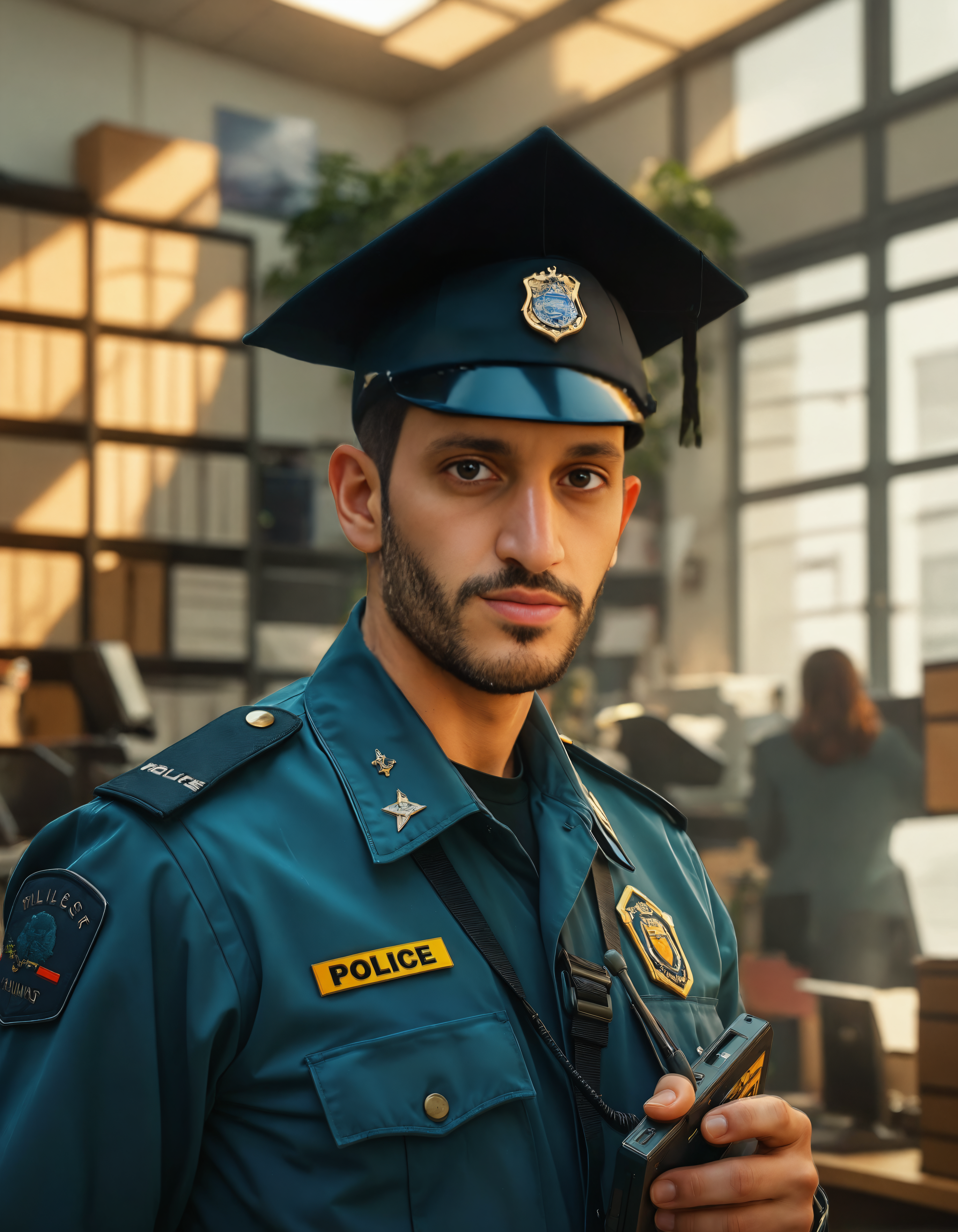 This image showcases a sharp, high-resolution photo of a police officer in a teal uniform, captured with the 'Upscale' tool. The officer is wearing a cap and holding a radio, with a badge and a 'POLICE' patch visible. The background is a blurred office setting, highlighting the officer's readiness and professionalism.