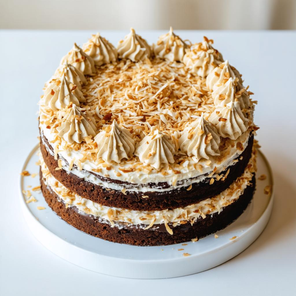 This image showcases a visually appealing three-layer chocolate cake, adorned with a creamy frosting and a generous sprinkling of shredded coconut and toasted almonds, which is perfectly piped with a professional touch. The cake is presented on a pristine white plate, highlighting the rich, dark brown hues of the chocolate layers and the contrasting textures of the frosting and toppings. The 'Stable Diffusion Ultra image generator' has successfully captured the essence of a decadent dessert, evoking a sense of indulgence and delight, and demonstrating its capabilities in generating high-quality, realistic images.