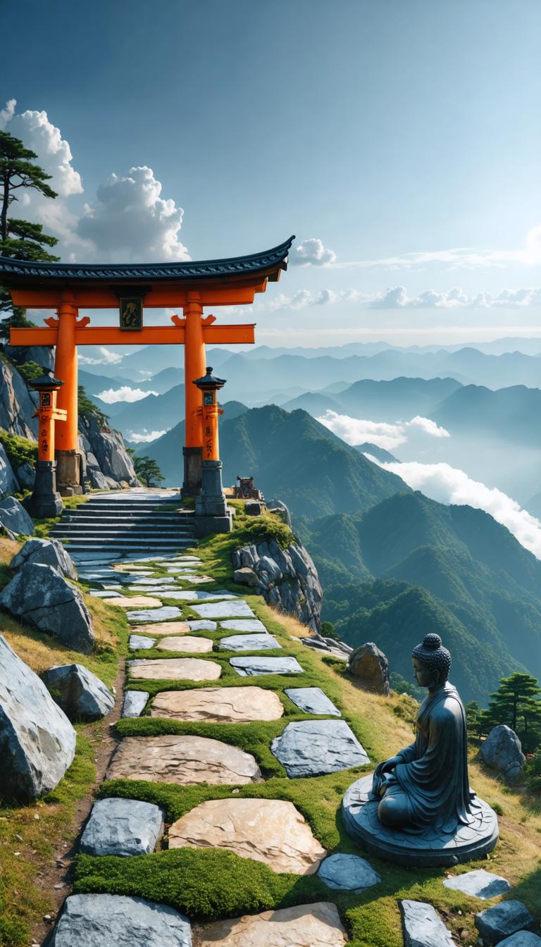 This captivating image features a serene scene with a majestic orange torii gate standing at the entrance of a tranquil path, leading to a seated Buddha statue overlooking a breathtaking mountainous landscape. The lush greenery and clear blue skies enhance the peaceful ambiance, showcasing the powerful capabilities of the 'Stable Diffusion Ultra image generator' in creating immersive and visually stunning scenes.