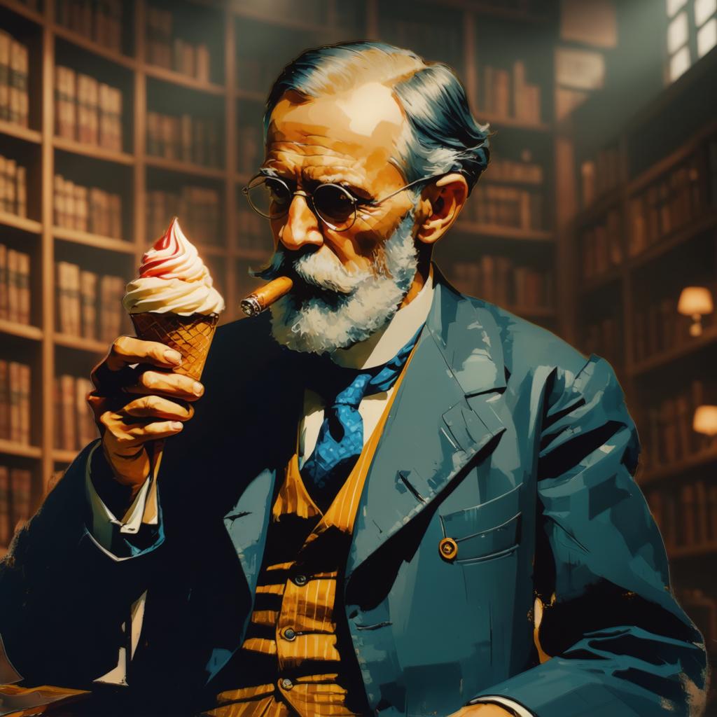 Dans cette œuvre d'art numérique, un gentleman distingué à barbe fournie et lunettes rondes savoure une glace, entouré des tons chauds et riches des rayonnages d'une bibliothèque. L'image met en valeur la puissance de 'Replace Background', un outil d'édition de médias basé sur l'IA qui intègre harmonieusement les sujets dans de nouveaux environnements, démontrant sa capacité à créer des scènes visuellement captivantes et réalistes.