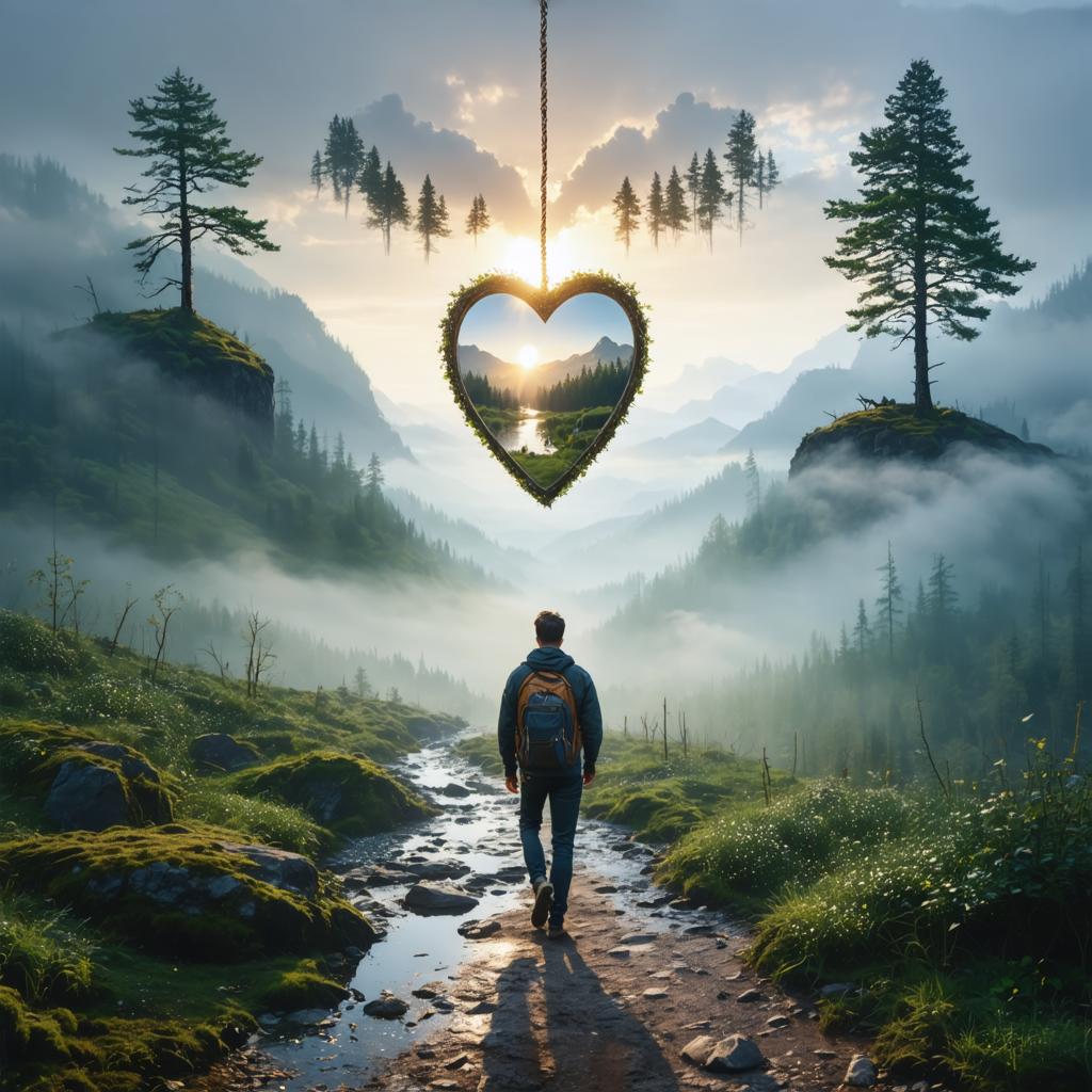 Discover the enchanting power of Stable Diffusion Ultra image generator with this breathtaking AI-generated landscape. A lone traveler walks along a misty mountain path, framed by a heart-shaped frame of lush greenery, as the sun rises over a serene valley. Experience the seamless blend of nature and technology, showcasing the tool's ability to create vivid, dreamlike scenes. #StableDiffusionUltra #AIImageGeneration #NatureLandscape #ArtificialIntelligence