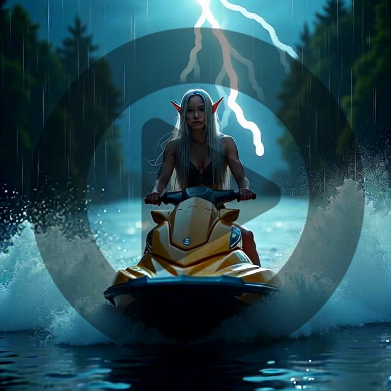 Transform your static images into dynamic videos with Stable Assistant's Image to Video tool! Witness how this powerful feature brings your creations to life, as seen in this captivating scene of a mystical figure riding a jet ski through a stormy, electrifying forest. Perfect for showcasing your creativity and enhancing your visual storytelling.