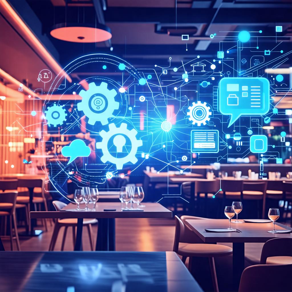 Experience the fusion of technology and dining at this modern restaurant, where the Stable Diffusion Ultra image generator has breathed life into the ambiance. The overlay of intricate digital graphics, featuring gears, chat bubbles, and network diagrams, encapsulates the innovative spirit of the Stable Diffusion Ultra, a cutting-edge AI media generation and editing tool that allows for the creation of unique and dynamic visual experiences.