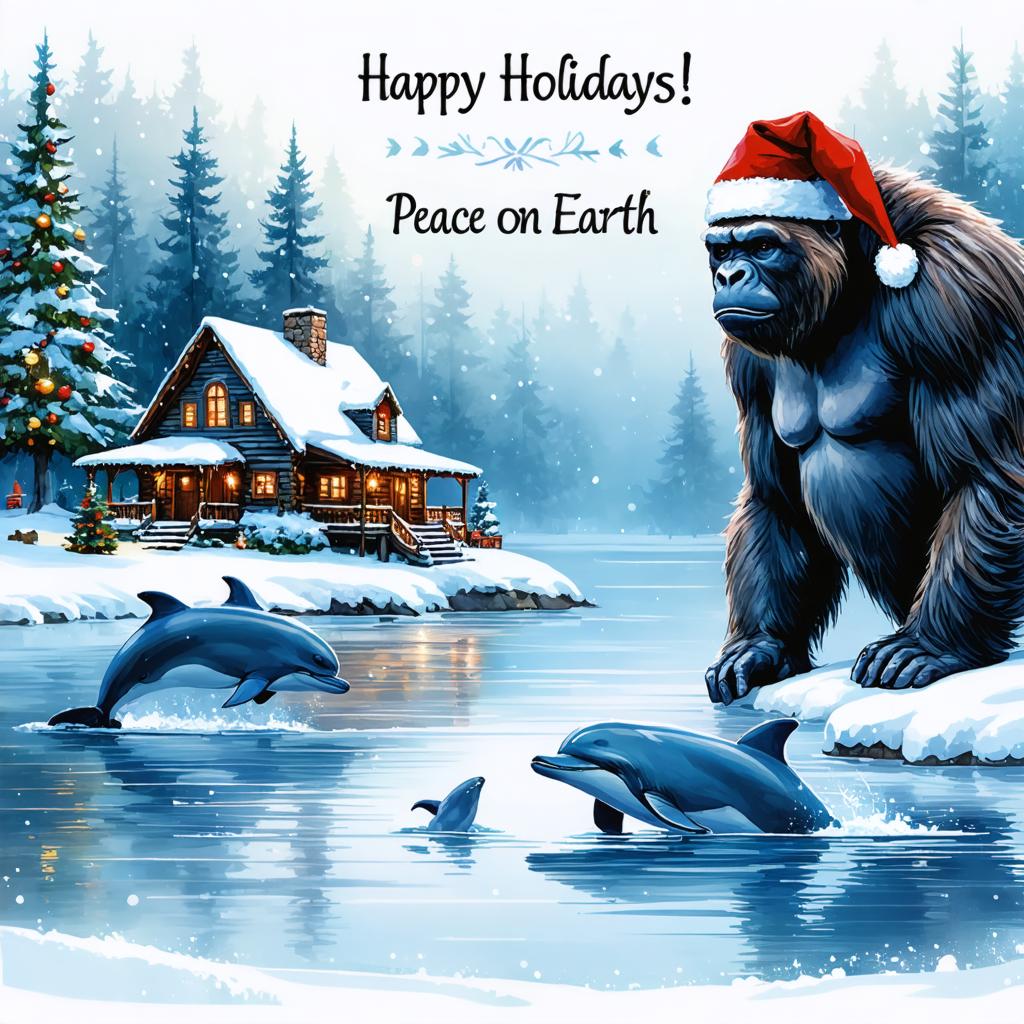 Questa immagine affascinante presenta una scena di vacanza con un paesaggio innevato, una casetta accogliente, alberi di Natale festosi e delfini giocosi in primo piano. Un gorilla con un cappello da Babbo Natale aggiunge un tocco di fantasia a questo paesaggio invernale incantato. L'immagine è il risultato del 'generatore di immagini Stable Diffusion Ultra', che consente agli utenti di creare visivi unici e coinvolgenti con facilità. Grazie alle sue funzionalità avanzate, questo strumento consente ai creatori di generare immagini di alta qualità che catturano l'essenza di qualsiasi promemoria.