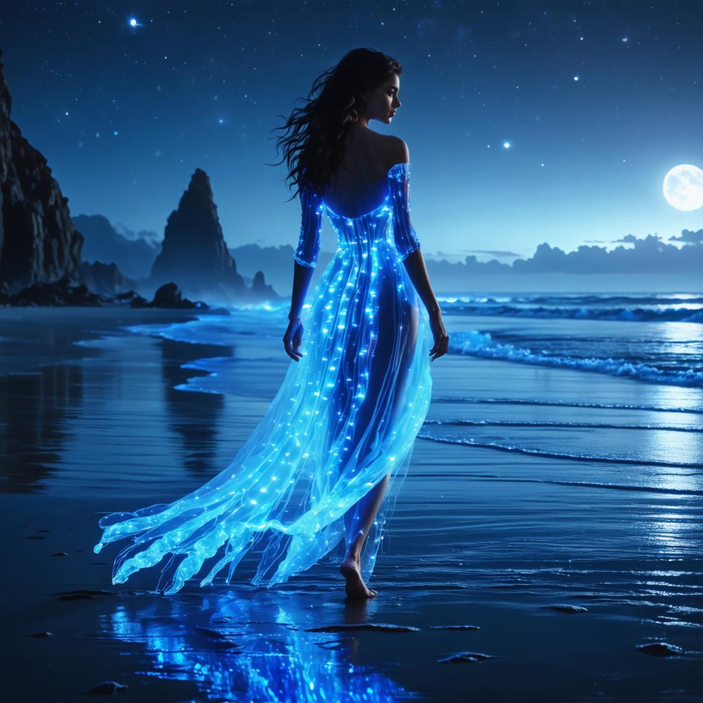 Stroll through the enchanting twilight beach scene with a woman adorned in a luminous blue gown, her silhouette glowing against the moonlit backdrop. The ethereal glow of her dress, reminiscent of a constellation, is the result of the 'Stable Diffusion Ultra image generator', a tool that brings imagination to life with its capabilities to create and edit stunning visuals that capture the essence of your prompts.
