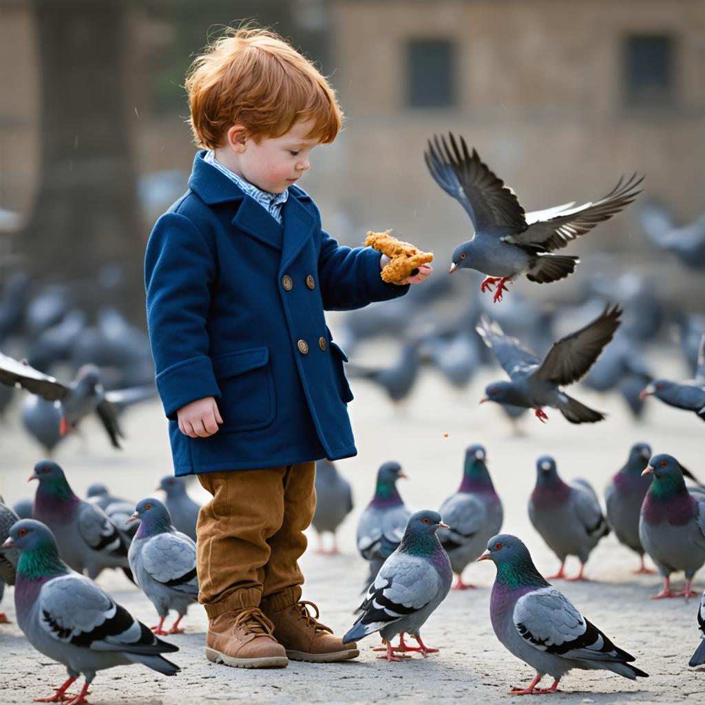 Dans cette image captivante, un jeune enfant vêtu d'un manteau bleu et de pantalons marron est entouré d'une volée de pigeons, certains en vol et d'autres au sol, qui picorent avidement un morceau de nourriture dans la main de l'enfant. La scène capture un moment d'interaction innocente entre l'homme et la nature, mettant en évidence les capacités de génération d'images réalistes et détaillées de l'« Stable Diffusion Ultra image generator », qui permet la création de scènes de la vie avec un haut degré de réalisme.