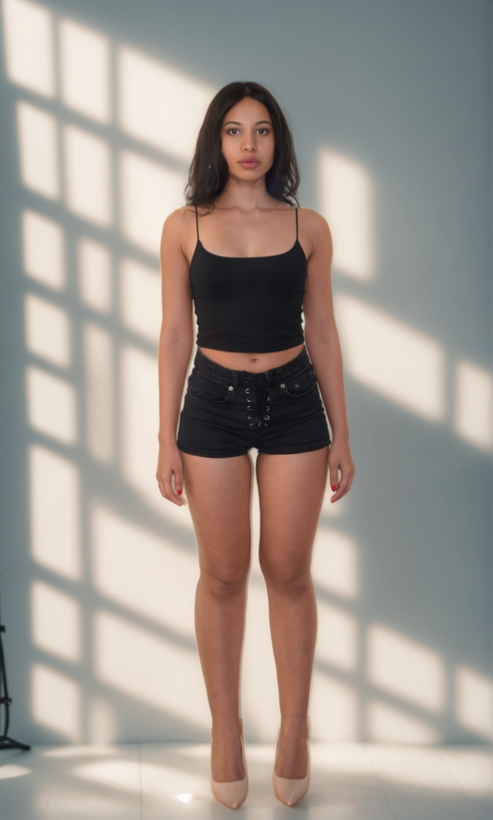 In this image, a young woman stands elegantly against a geometrically patterned background, her black crop top and high-waisted shorts contrasting with the soft light of the room. The 'Replace Background' tool from Stable Assistant has been used to seamlessly integrate this patterned backdrop, showcasing the app's ability to replace and customize the background of photos with ease. The image highlights the versatility of the tool, which can transform any image with a variety of backgrounds, enhancing its visual appeal and allowing users to create unique and personalized content.