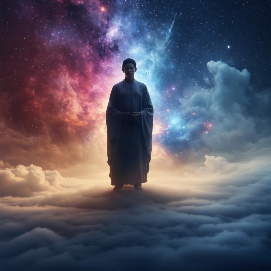 Experience the mesmerizing artistry of Stable Diffusion Ultra image generator with this ethereal portrait of a serene figure standing amidst a cosmic cloudscape. The vivid blend of nebulae and starry skies, combined with the soft, dreamlike lighting, showcases the tool's ability to create stunning, otherworldly visuals that captivate and inspire. Perfect for artists and enthusiasts seeking to push the boundaries of digital art.