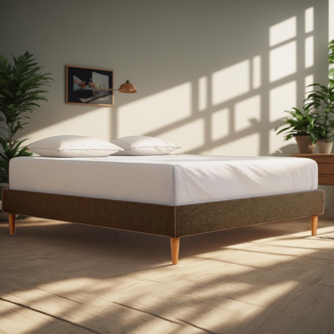 Questa immagine presenta un'ambientazione da camera da letto serena con un grande letto dotato di un elegante materasso bianco e una struttura in stile scuro, completata da gambe in legno. La stanza è inondata da luce naturale che filtra attraverso una finestra con un motivo a griglia distintivo, proiettando un caldo bagliore che accentua l'atmosfera accogliente. Un piccolo tavolo da lavoro ospita una pianta in vaso, e un quadro incorniciato decora la parete, aggiungendo un tocco di personalità allo spazio. Le capacità dello strumento 'Sostituisci Sfondo' sono evidenziate qui, dimostrando la sua abilità di integrare nuovi elementi in modo fluido in una scena esistente, creando una composizione armoniosa e visualmente piacevole.