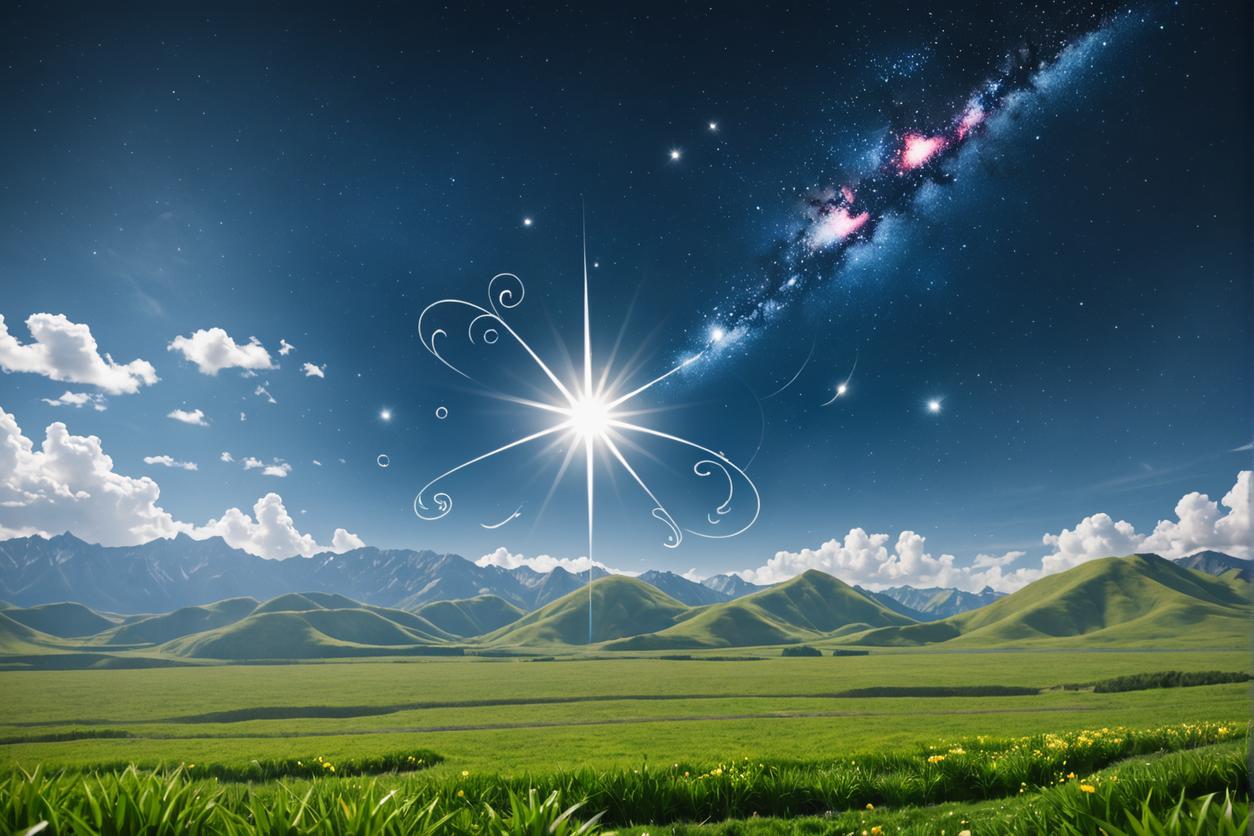 This image showcases a vibrant, digitally generated landscape featuring a clear blue sky, lush green mountains, and a striking starburst effect that transitions into a galactic scene with the Milky Way. The 'New Image with Same Style' tool is highlighted for its ability to create a new image that follows the style of the original, seamlessly blending natural elements with cosmic wonders, making it a powerful tool for media creation and editing.