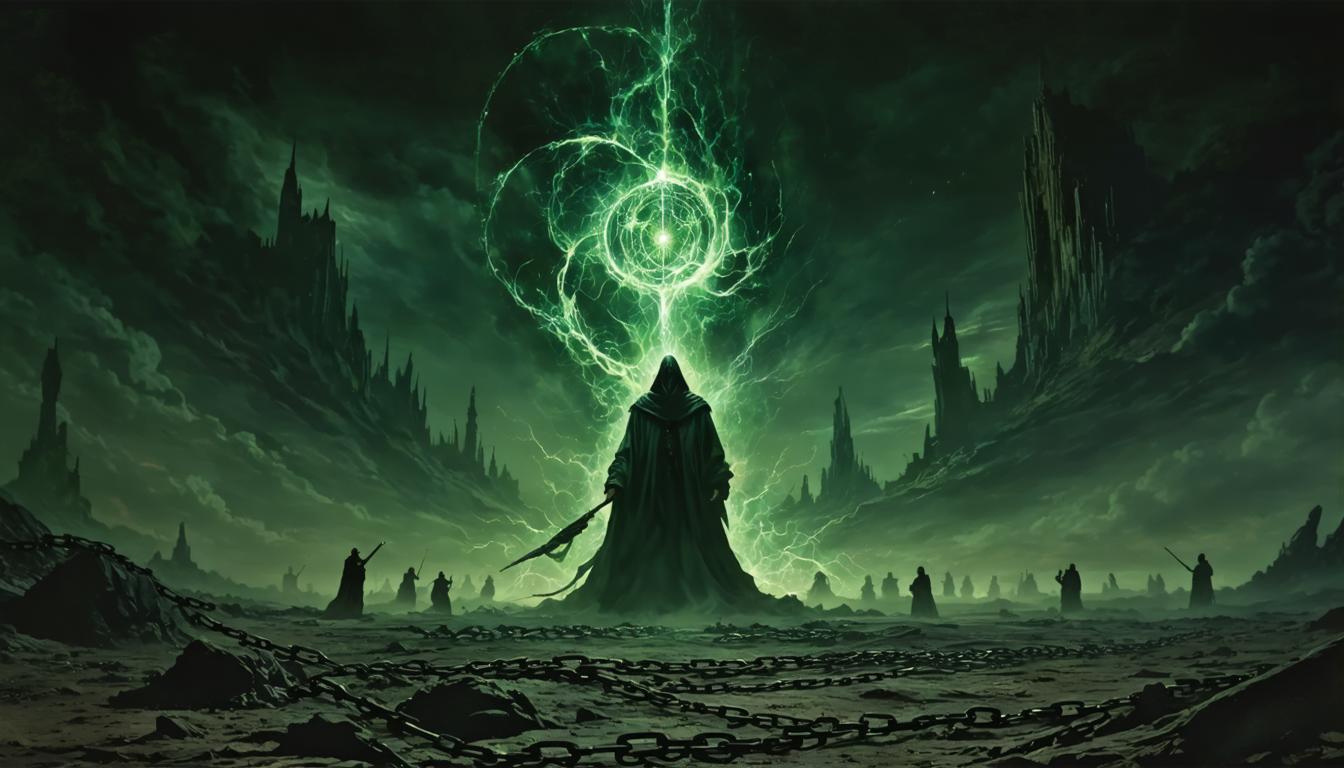 Discover the mesmerizing power of Stable Diffusion Ultra image generator with this captivating fantasy scene. The image showcases a dark, mystical figure wielding a glowing staff, surrounded by swirling green energy and shadowy figures, all rendered with stunning detail and vibrant colors. Experience the unparalleled creativity and realism that Stable Diffusion Ultra brings to your digital art projects.