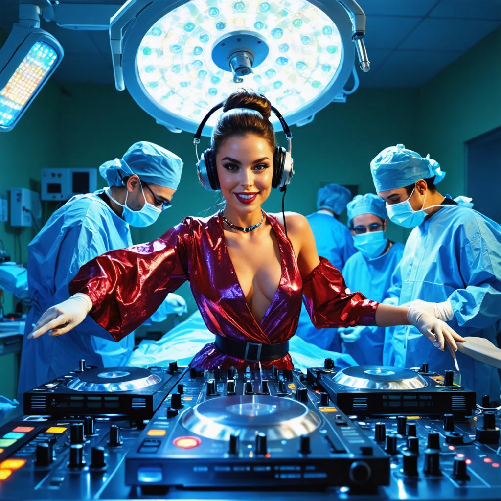 Découvrez les capacités surréalistes et imaginatives de Stable Diffusion Ultra, le générateur d'images, avec cette image saisissante : une DJ glamour en robe rouge vif, entourée d'une équipe de chirurgiens dans un cadre hospitalier, le tout sous l'éclat des lumières chirurgicales. Cet outil d'IA fusionne créativité et précision, générant des visuels uniques et captivants qui peuvent transformer votre contenu numérique.