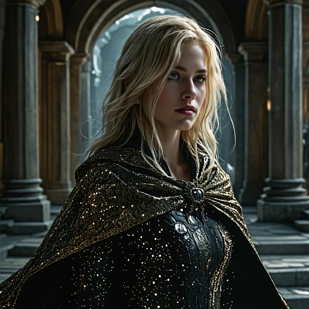 The image showcases a captivating female figure in a luxurious, black and gold sequined cape, set against an elegant, archway-lined interior. Her striking appearance is accentuated by the sophisticated and realistic image generation capabilities of 'Stable Diffusion Ultra', which brings depth and texture to the scene, highlighting the intricate details of the cape and the ambient lighting that plays off the sequins.