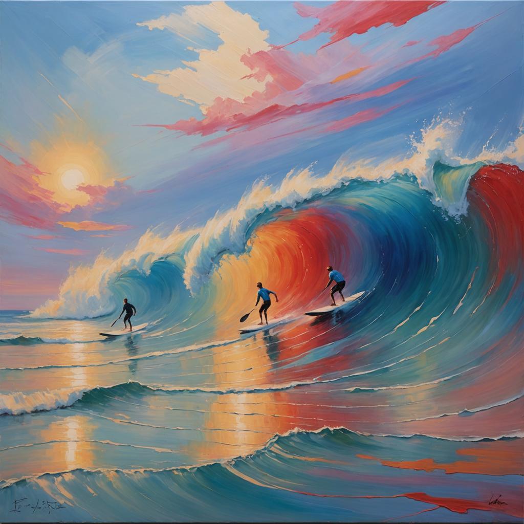 "Experience the thrill of surfing in a vibrant, AI-generated image! Stable Assistant's 'New Image with Same Structure' tool captures the essence of surfing with three surfers skillfully riding a stunning, rainbow-colored wave under a sunset sky. Discover how this cutting-edge tool can bring your ideas to life with its intuitive interface and the ability to create unique, high-quality images tailored to your vision."