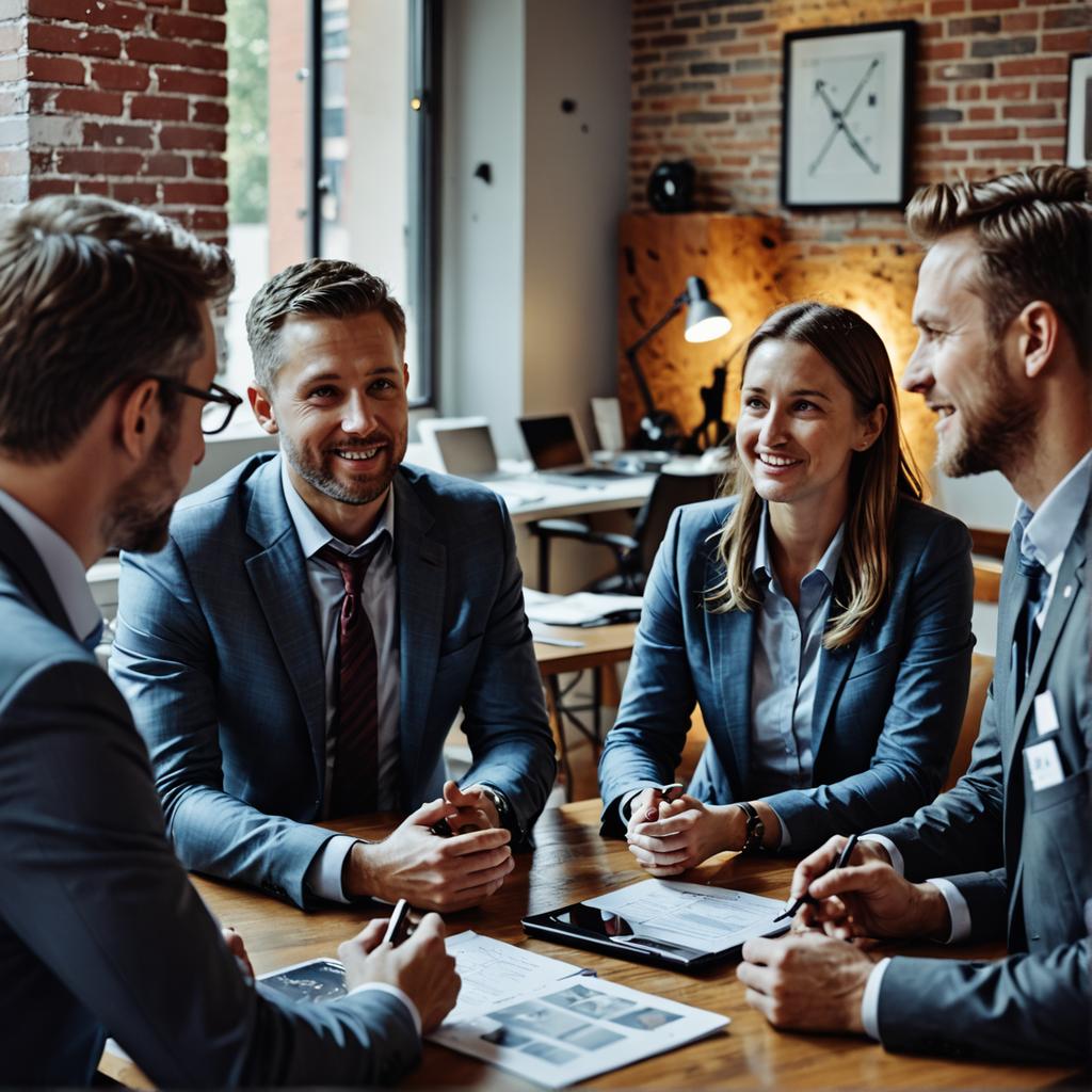 This image depicts a professional setting where four individuals are engaged in a business meeting, with two men and two women seated around a table. The atmosphere is amicable and collaborative, with each person attentively looking at the documents and devices in front of them. The setting is modern and well-lit, with a brick wall in the background, suggesting a contemporary office environment. This image is a prime example of the 'New Image with Same Style' tool's ability to generate realistic and engaging scenes, perfect for SEO purposes.