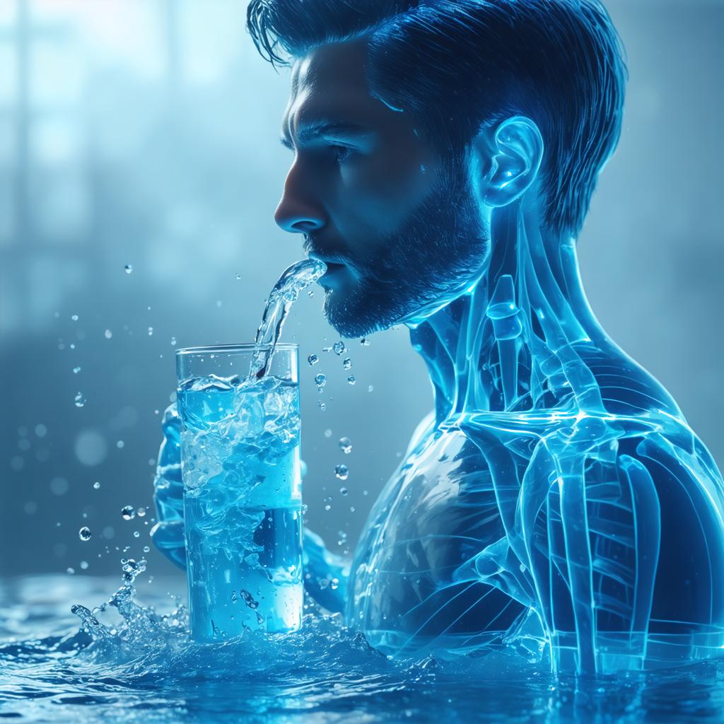 Questa immagine presenta un rendering digitale di un uomo che beve acqua, dove la sua anatomia è rivelata attraverso un sovrapposizione semitrasparente blu, mettendo in evidenza la capacità del 'generatore di immagini Stable Diffusion Ultra' di creare opere visivamente accattivanti e anatomicamente dettagliate. L'uomo è circondato da acqua, con gocce catturate in movimento, evidenziando la capacità dello strumento di simulare effetti realistici di acqua.