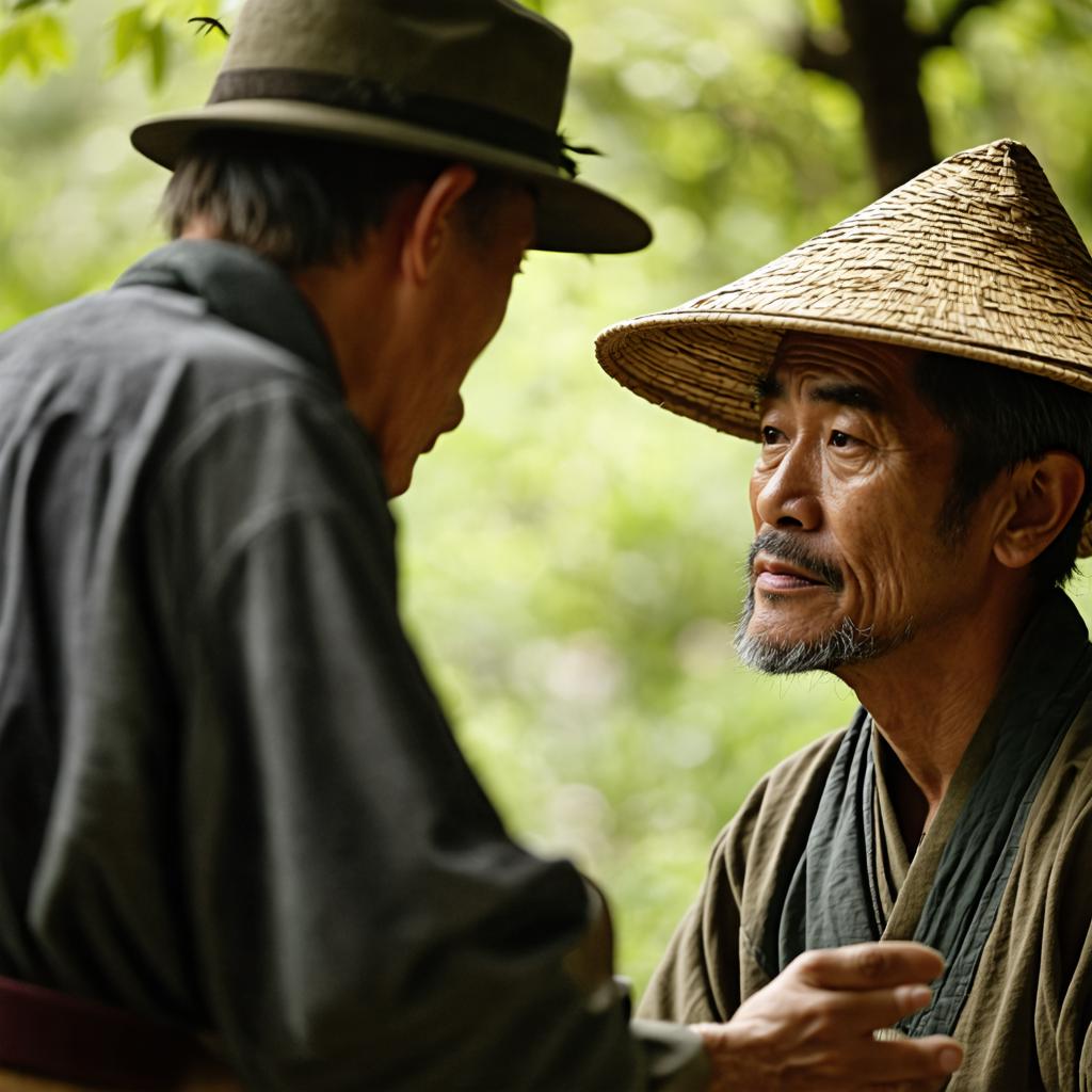 Dans l'image, deux hommes sont engagés dans une conversation, l'un portant un chapeau conique traditionnel et l'autre un classique fedora, devant un arrière-plan de verdure luxuriante. L'image a été générée à l'aide de 'Stable Diffusion Ultra image generator', qui permet aux utilisateurs de créer des scènes réalistes avec des effets visuels de haute qualité.