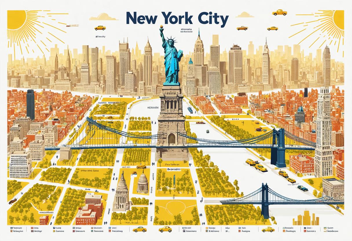 The image depicts a vibrant, illustrated cityscape of New York, showcasing iconic landmarks like the Statue of Liberty and the Brooklyn Bridge, rendered in a retro, flat design style. It's a product of 'Stable Diffusion Ultra image generator,' which offers a unique and creative approach to visual media creation, allowing users to generate images that can be tailored to various styles and themes.