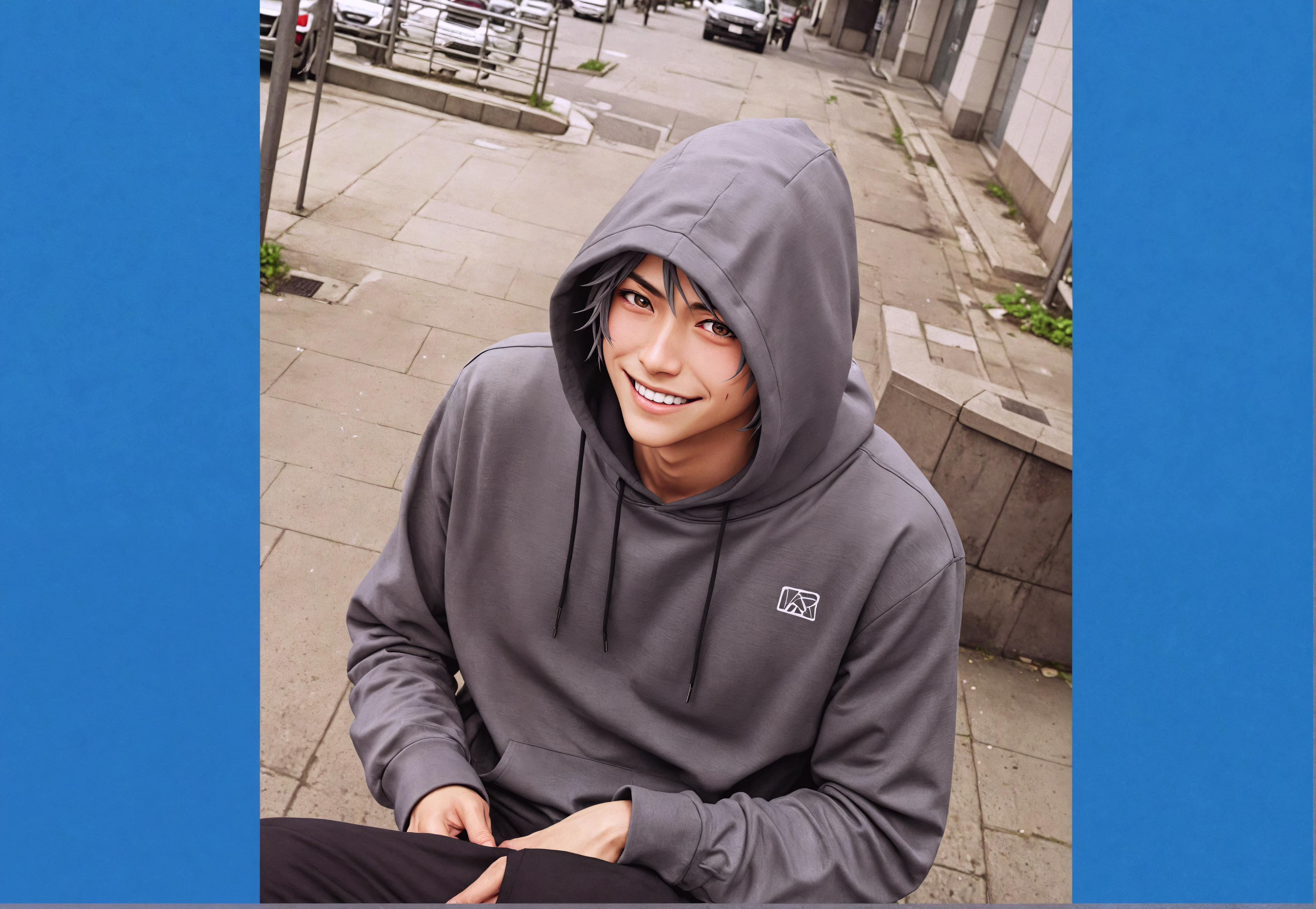 This image showcases a young man with a warm smile, donning a gray hoodie with a subtle logo, captured in a vibrant urban setting. The photo has been enhanced by 'Enhance,' a web application known for its ability to upscale images with a creative twist, offering a unique blend of realism and artistic flair that makes the subject stand out against the backdrop.