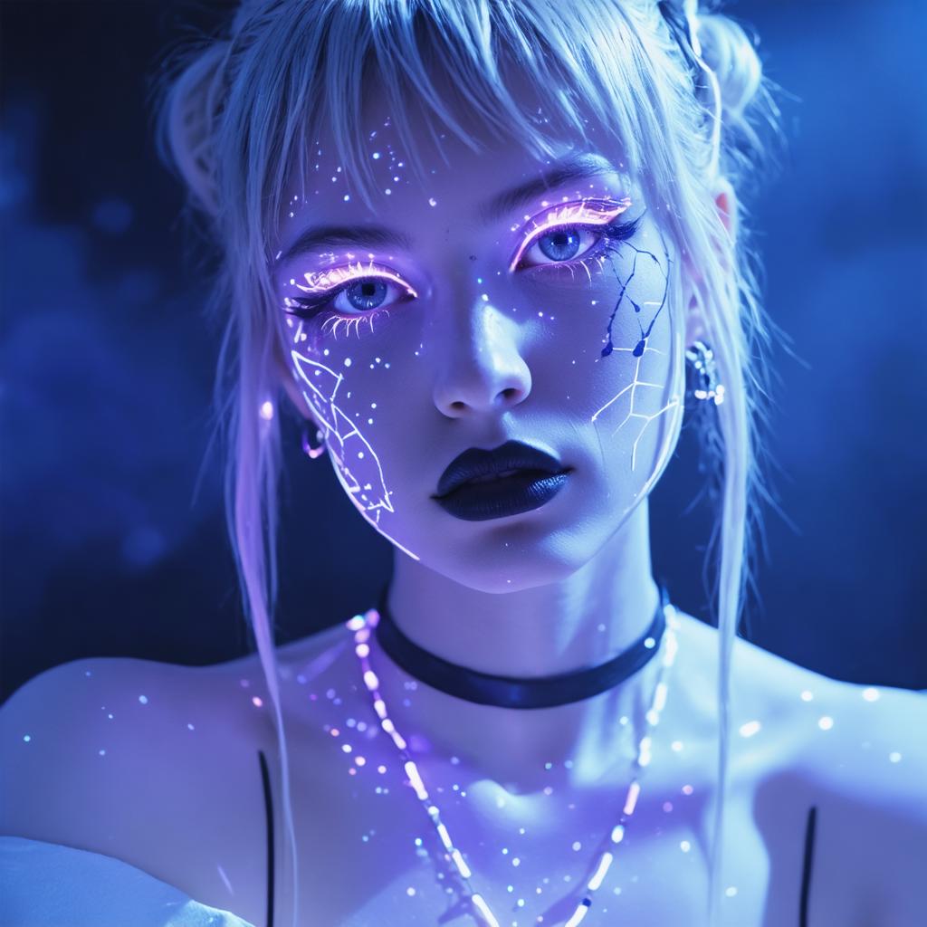 This image showcases a woman's face, dramatically lit with neon blue tones and adorned with a cosmic pattern, highlighting the 'Erase' tool's ability to remove unwanted elements, creating a striking visual that emphasizes the precision and creativity of the Stable Assistant application.