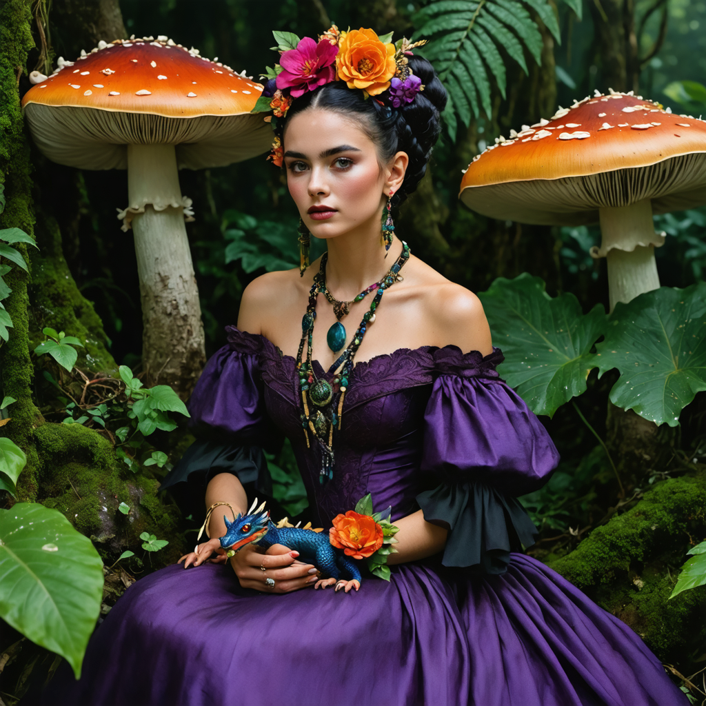 Experience the enchanting world of fantasy with this mesmerizing image crafted by Stable Diffusion Ultra image generator. The AI masterfully captures a mystical scene featuring a regal figure adorned in a vibrant purple gown, surrounded by whimsical mushrooms and lush greenery, showcasing the tool's ability to create vivid, dreamlike visuals. Perfect for fantasy enthusiasts and AI enthusiasts alike, this image highlights the power of Stable Diffusion Ultra in generating captivating, high-quality art.