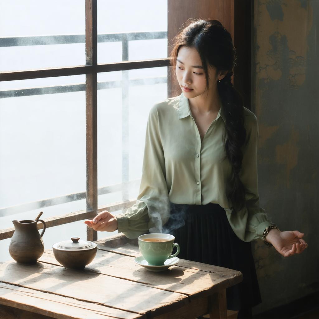 Experience the captivating artistry of Stable Diffusion Ultra image generator with this beautifully crafted scene: a serene young woman in a light green blouse and dark skirt, standing by a rustic wooden table with a steaming cup of tea. The soft, natural lighting and intricate details showcase the tool's ability to create lifelike and immersive images, perfect for enhancing your digital content. #StableDiffusionUltra #AIImageGeneration #ArtificialIntelligence #DigitalArt