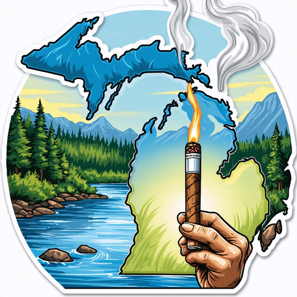 Discover the captivating power of Stable Diffusion Ultra image generator with this stunning illustration: a hand holding a lit cigar, seamlessly integrated into the iconic shape of Michigan's outline, set against a serene backdrop of a river and forest. This image showcases the tool's ability to blend creative elements with realistic details, perfect for generating unique and engaging visuals.