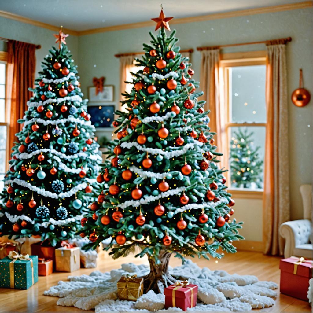 This cozy holiday scene features two beautifully decorated Christmas trees adorned with red and blue ornaments, nestled in a warmly lit room with soft curtains and a plush rug. The trees, illuminated with twinkling lights, stand out against the backdrop of a window that reveals a snowy landscape outside, evoking the spirit of Christmas. The image showcases the capabilities of 'Stable Diffusion Ultra image generator' to create realistic and vivid holiday scenes, perfect for those looking to enhance their home decor or design for the festive season.